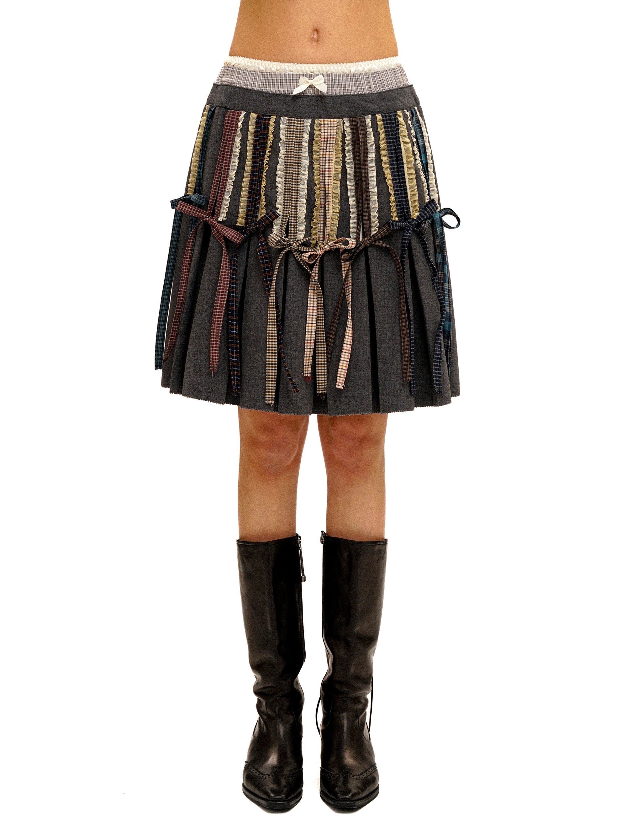 *Faux three-piece plaid patchwork lace midi skirt