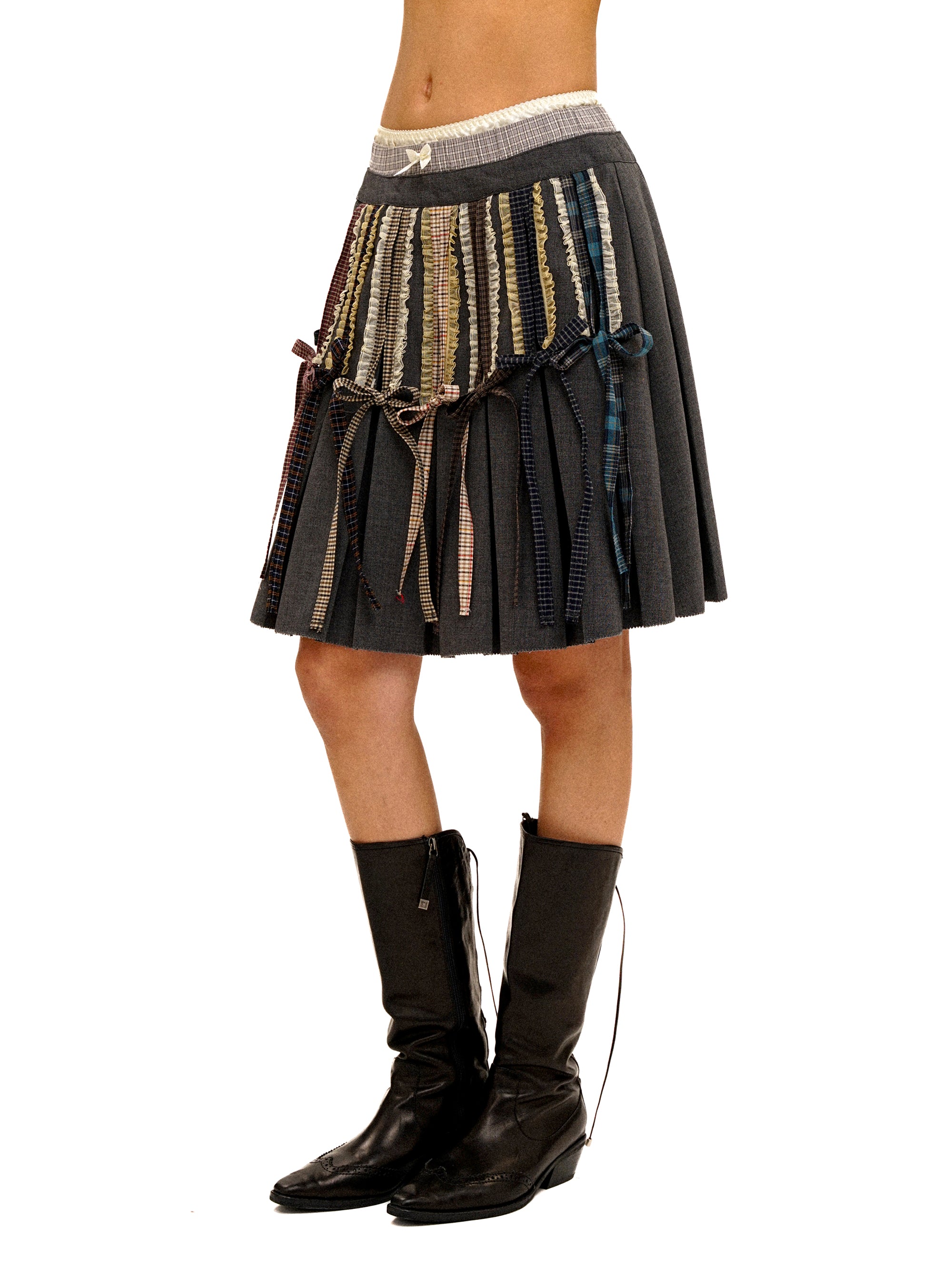 *Faux three-piece plaid patchwork lace midi skirt