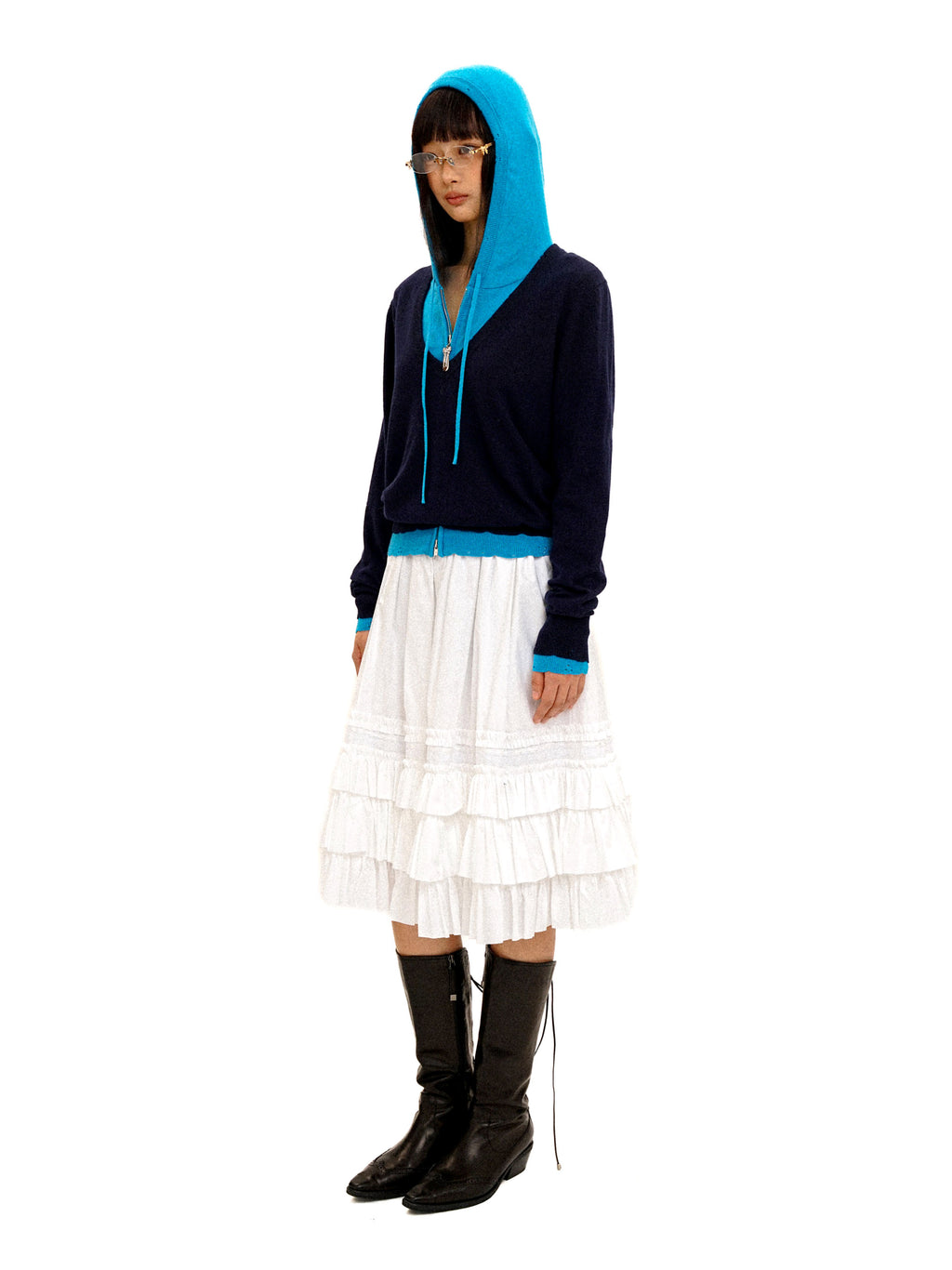 *Patchwork Faux Two-Piece Hooded Sweater