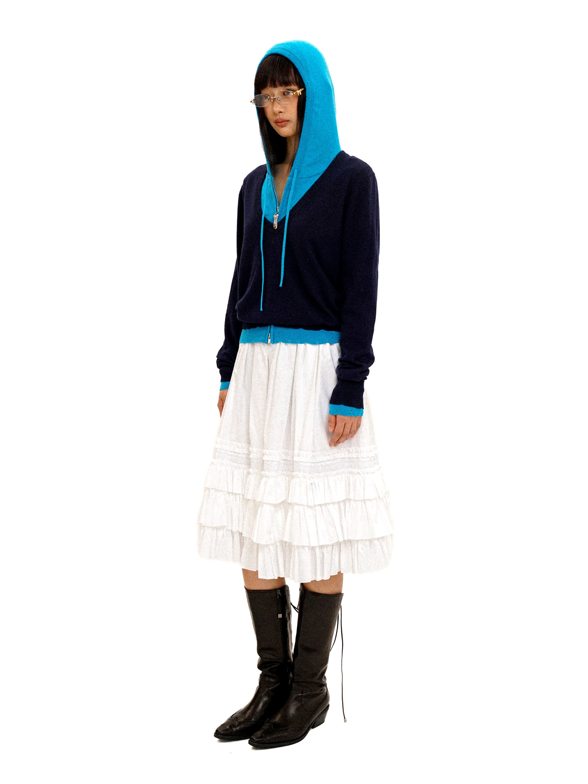 *Patchwork Faux Two-Piece Hooded Sweater