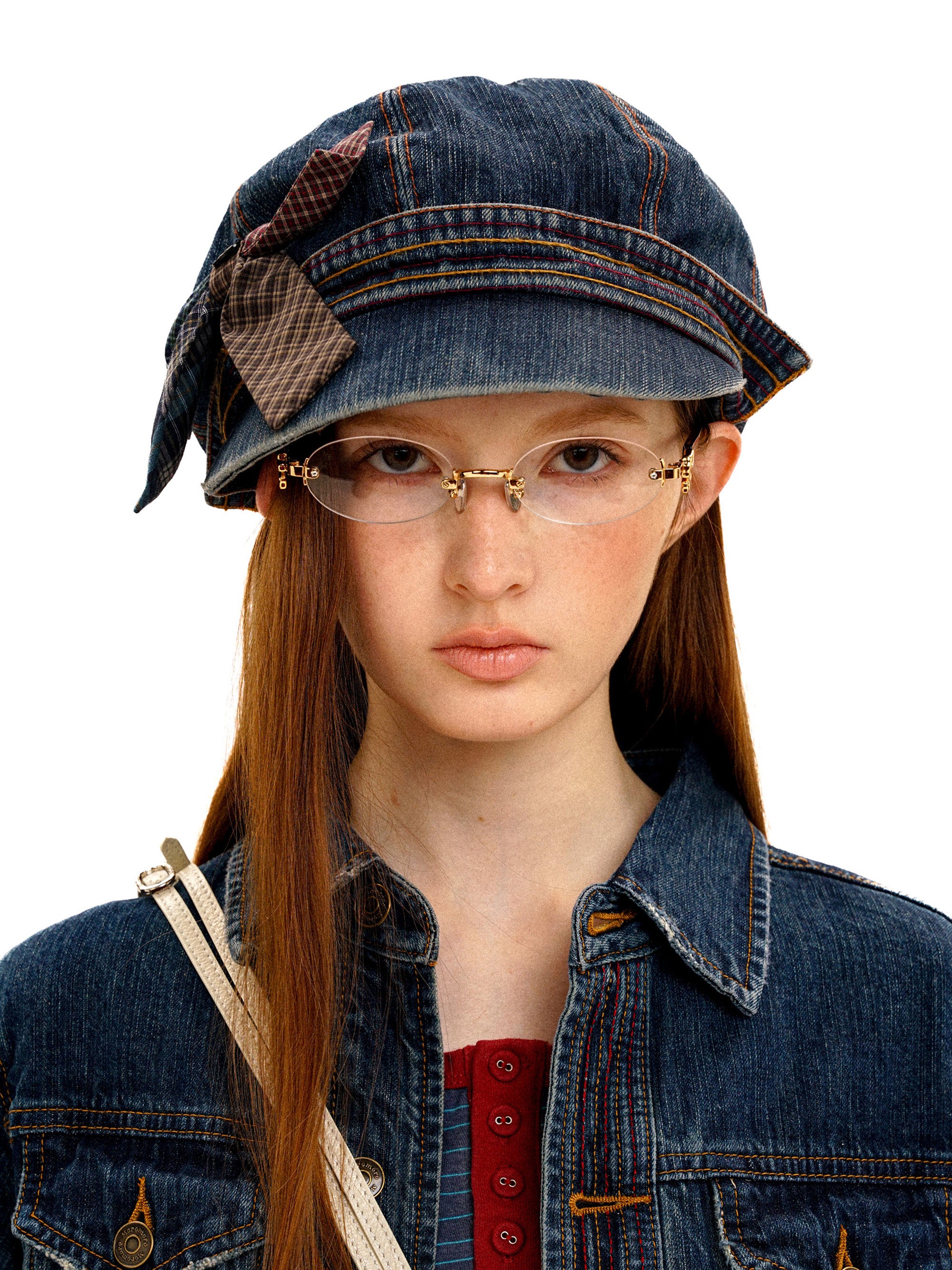 *Plaid bow-tie denim newsboy cap