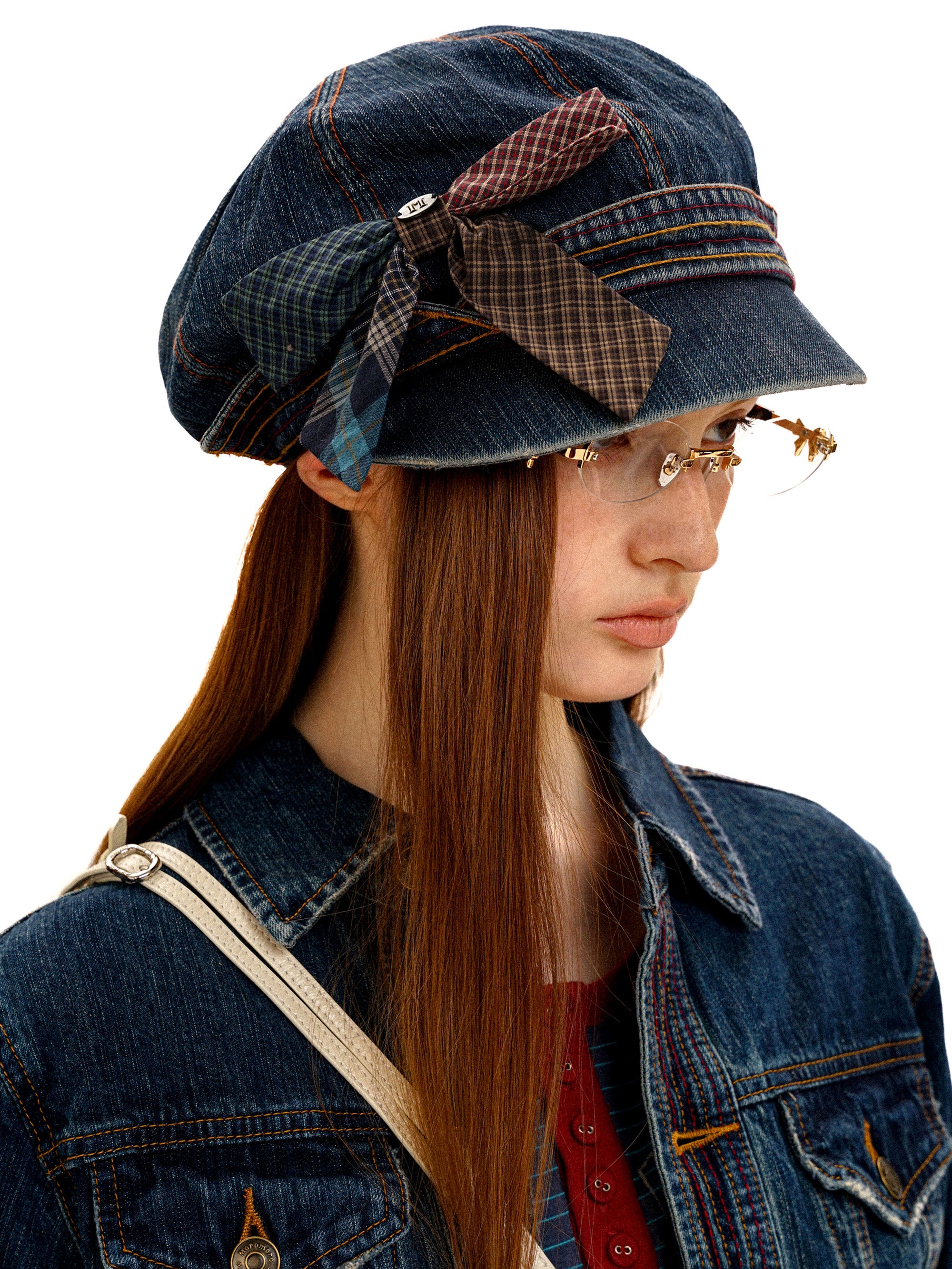 *Plaid bow-tie denim newsboy cap