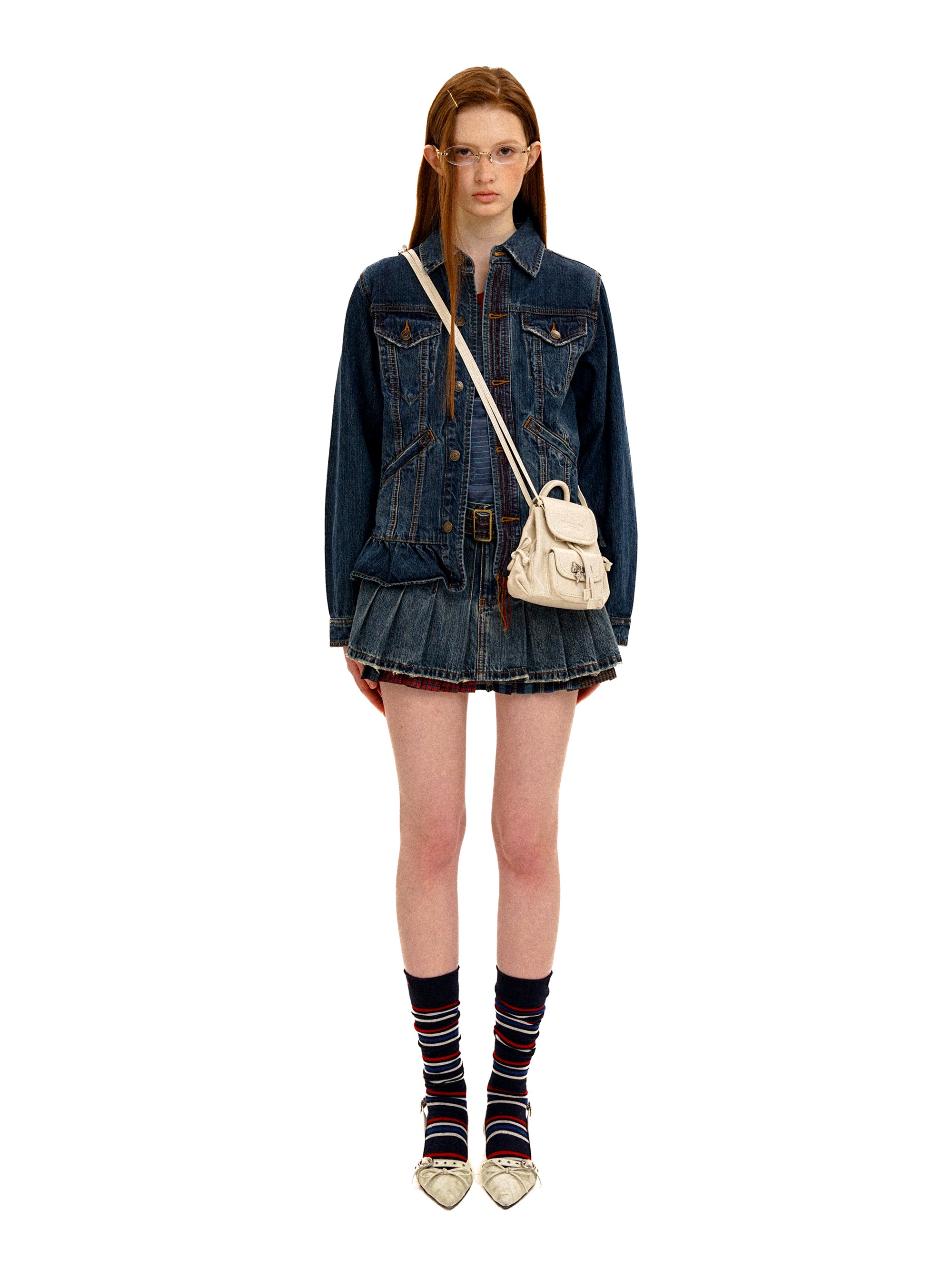 *Color-blocked plaid pleated mini skirt