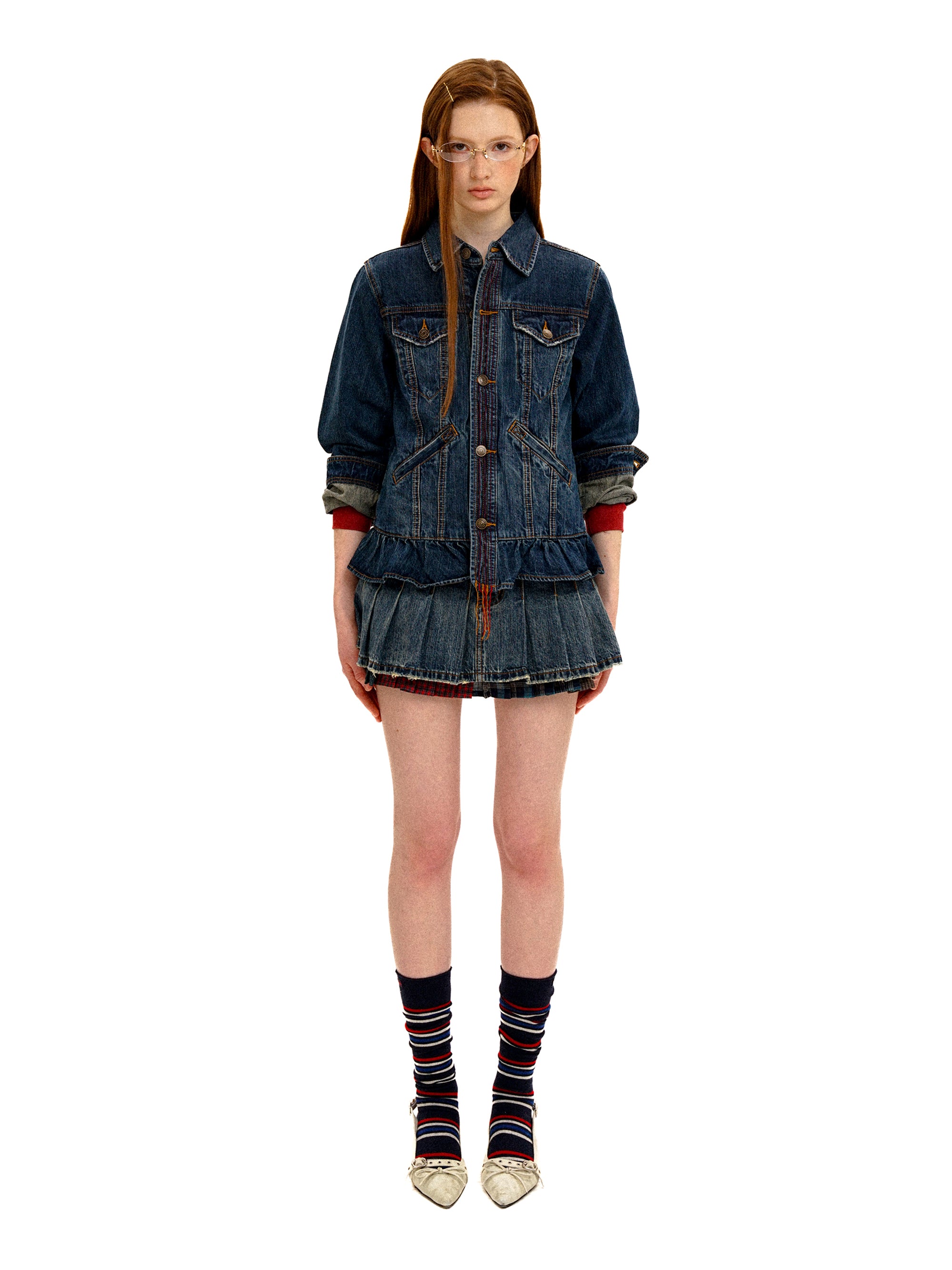 *Retro denim jacket with ruffled lace hem