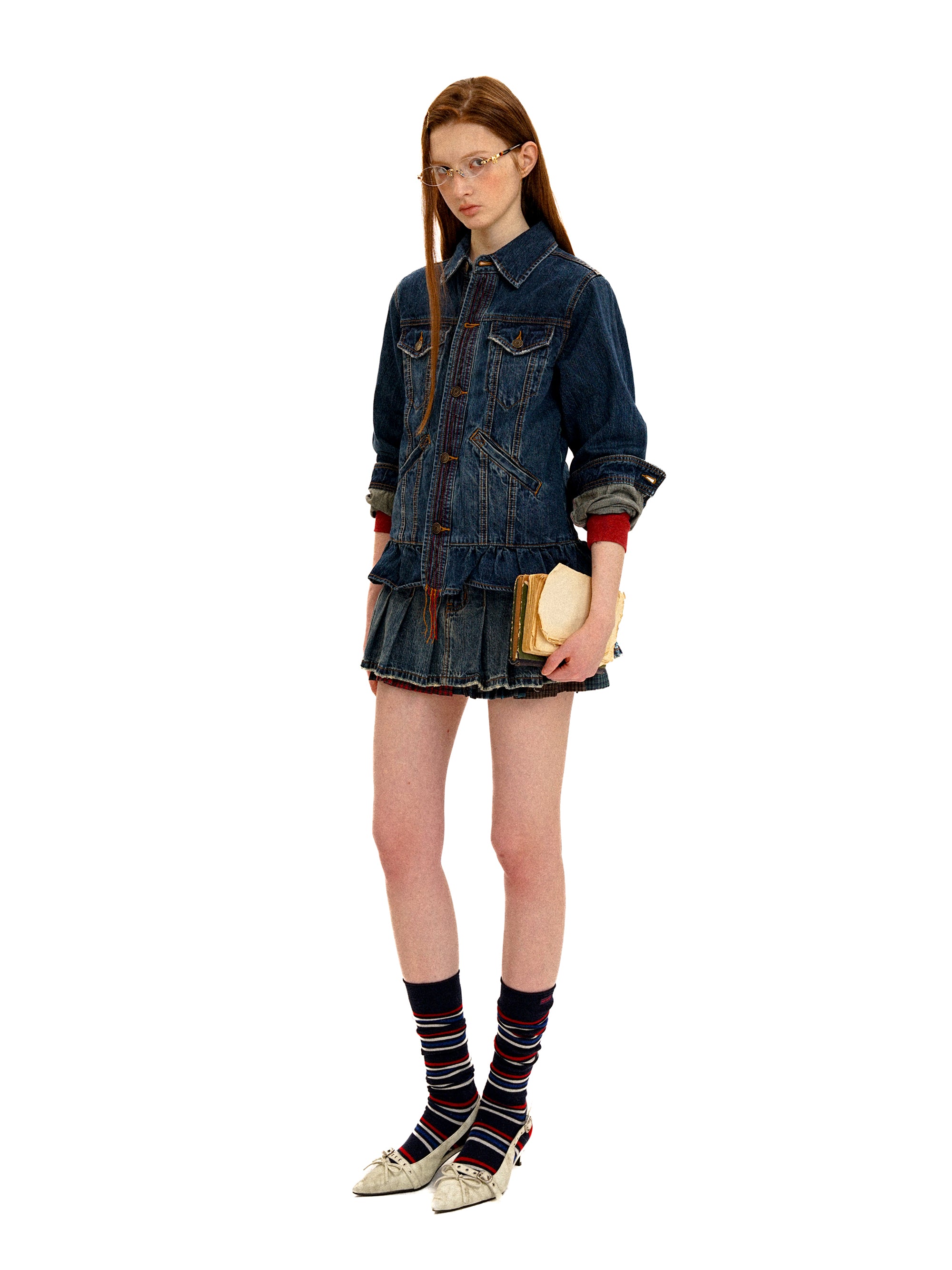 *Retro denim jacket with ruffled lace hem