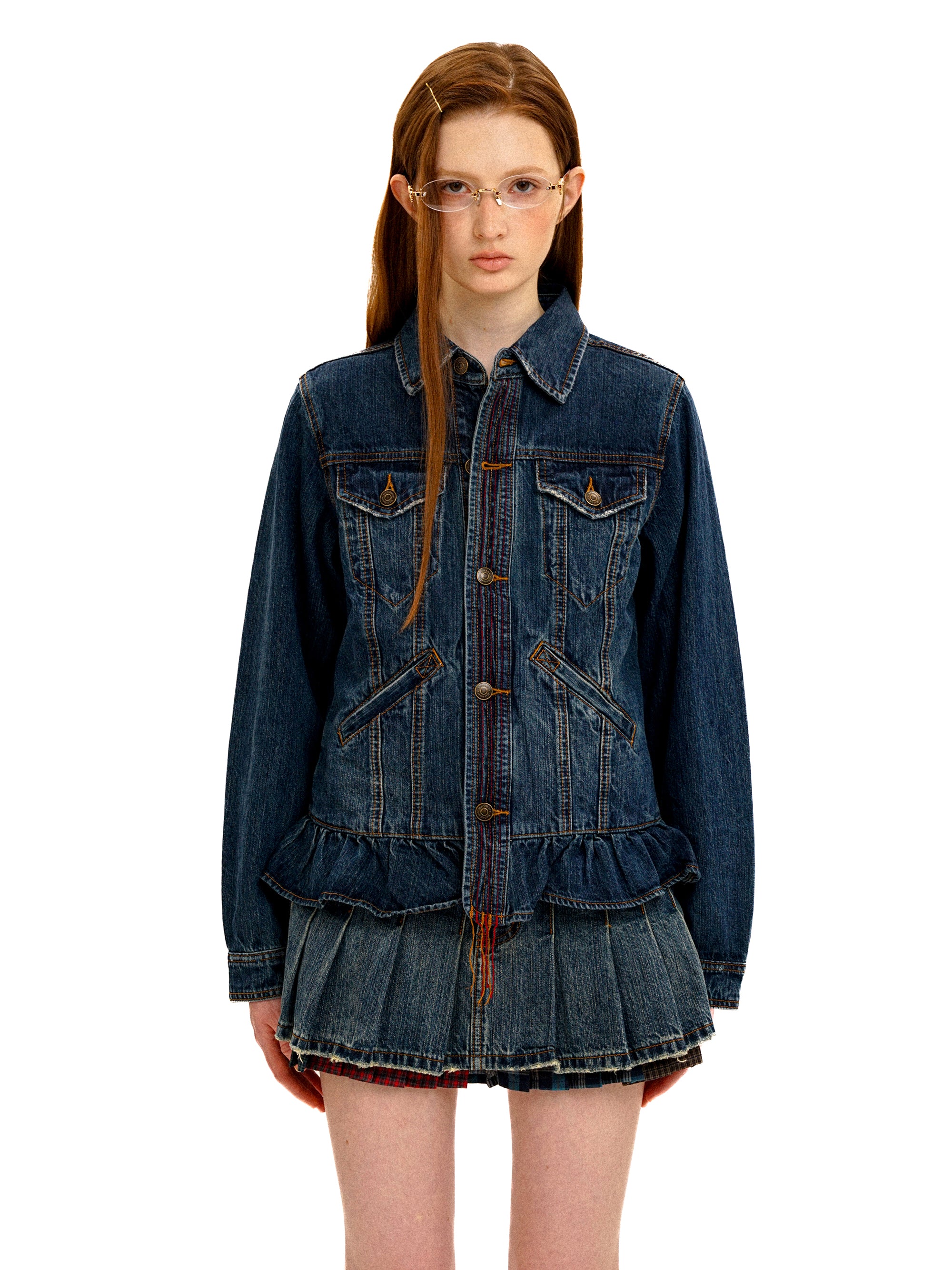 *Retro denim jacket with ruffled lace hem