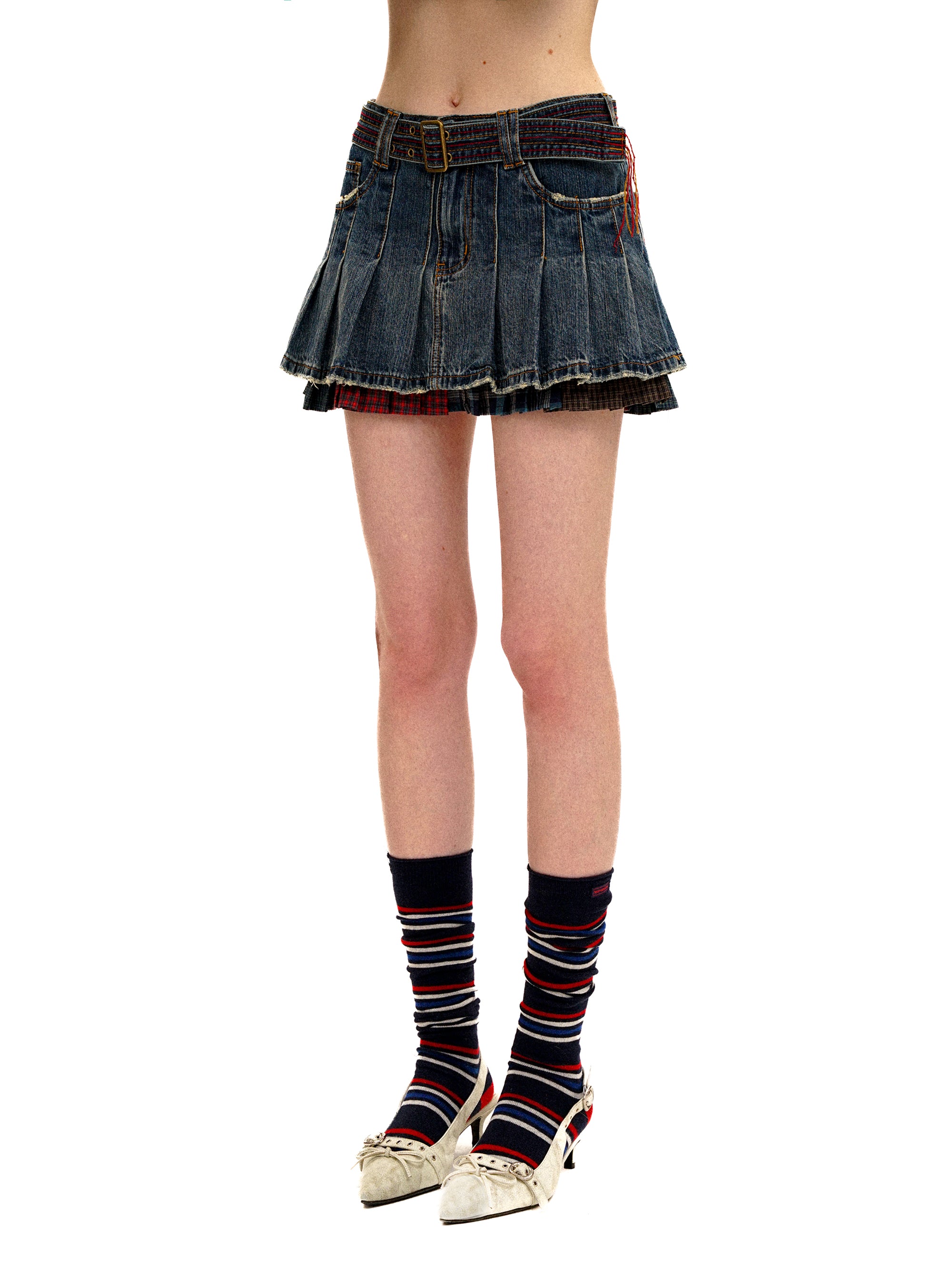 *Color-blocked plaid pleated mini skirt