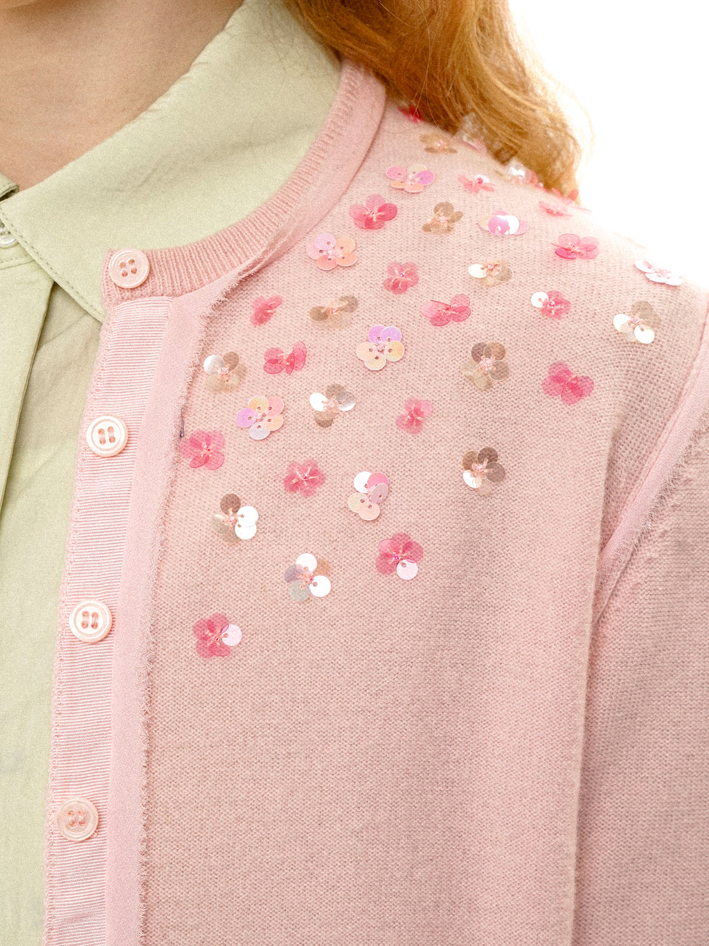 *Hand-sewn sequined round neck cardigan