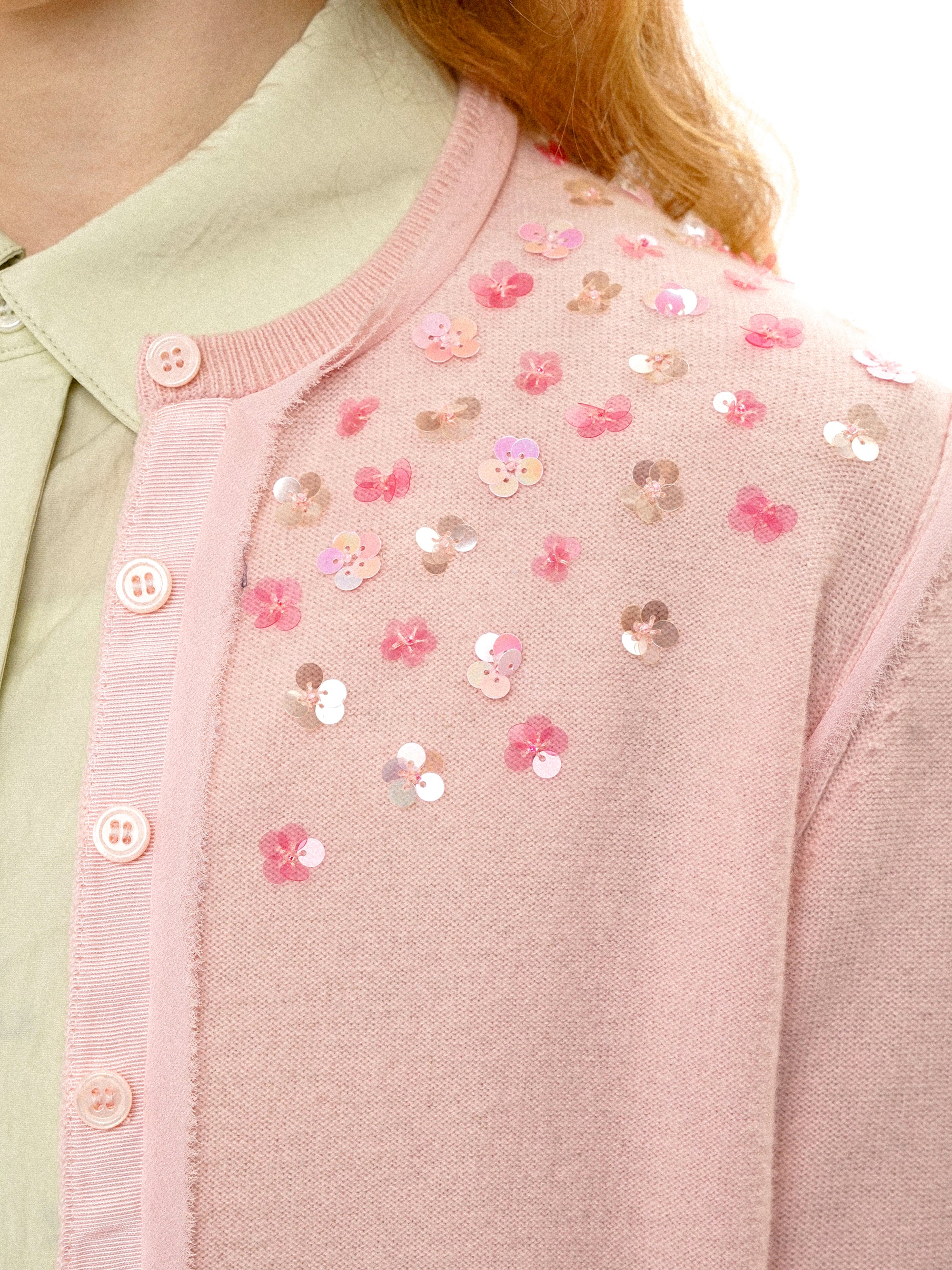 *Hand-sewn sequined round neck cardigan