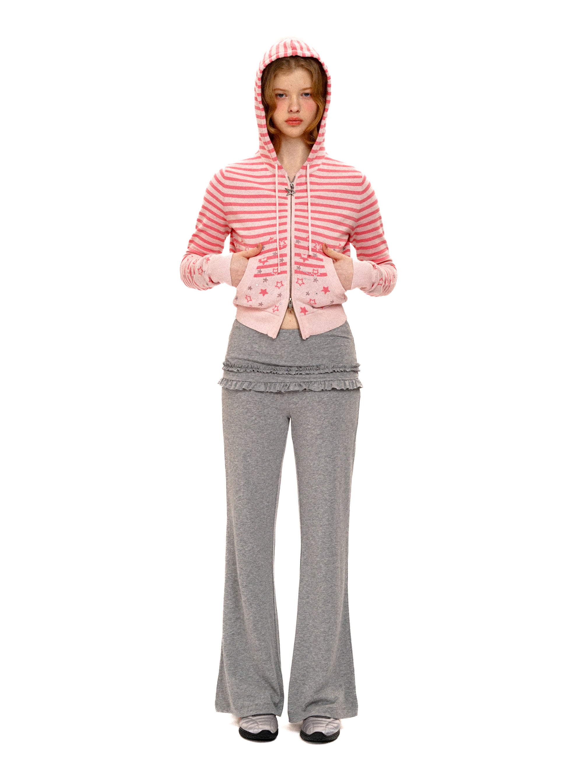 *Striped star jacquard rhinestone hooded cardigan
