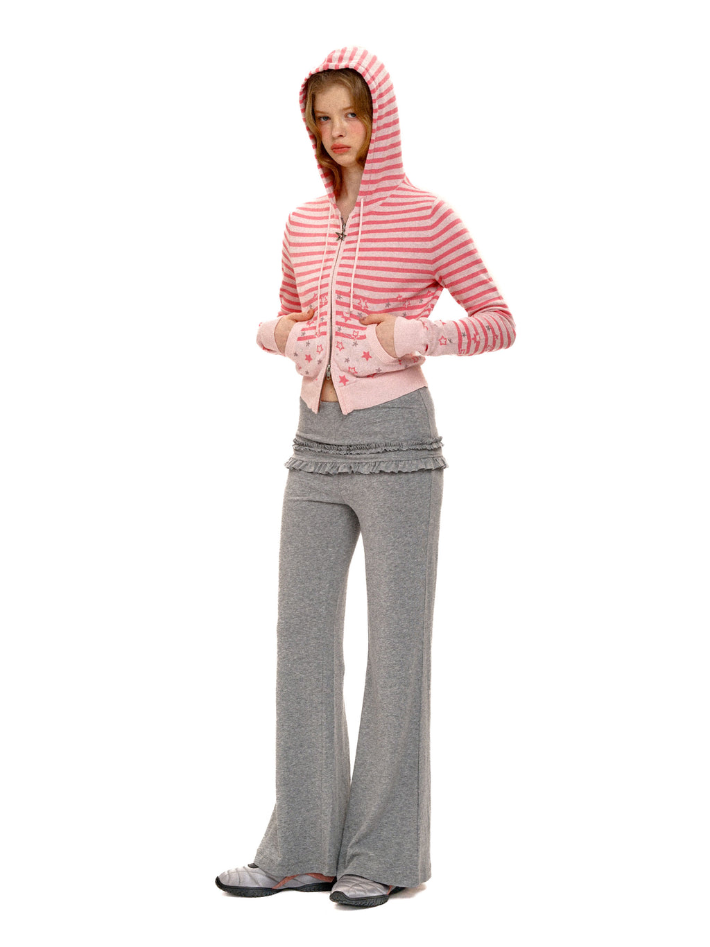 *Striped star jacquard rhinestone hooded cardigan