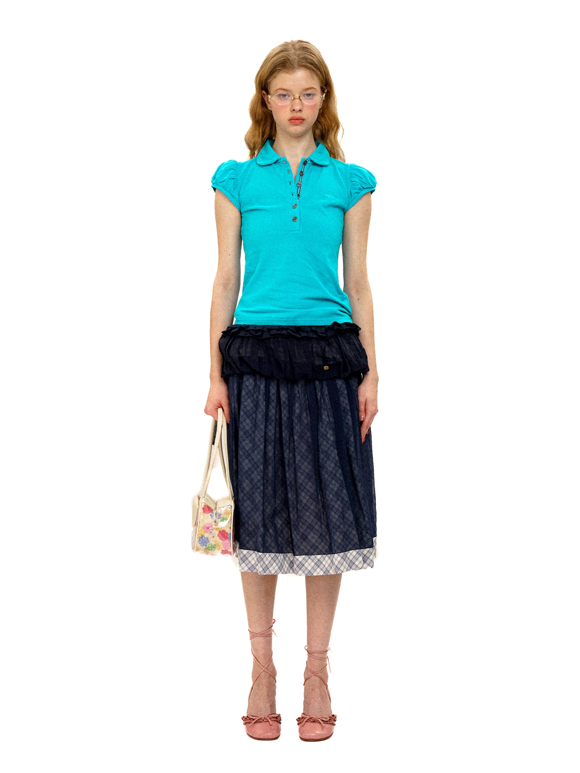 *Puff-sleeved slim-fit polo shirt