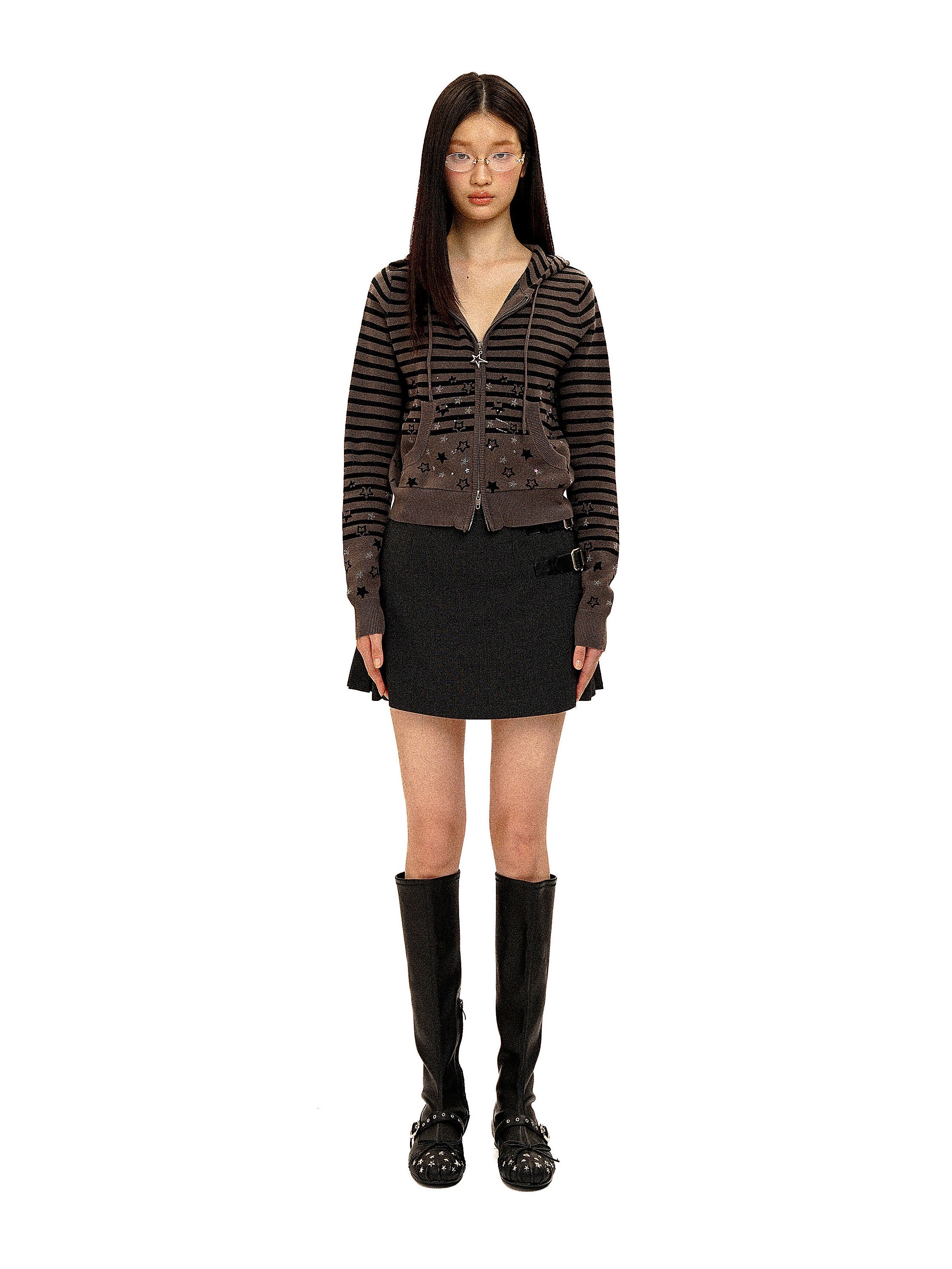 *Striped star jacquard rhinestone hooded cardigan