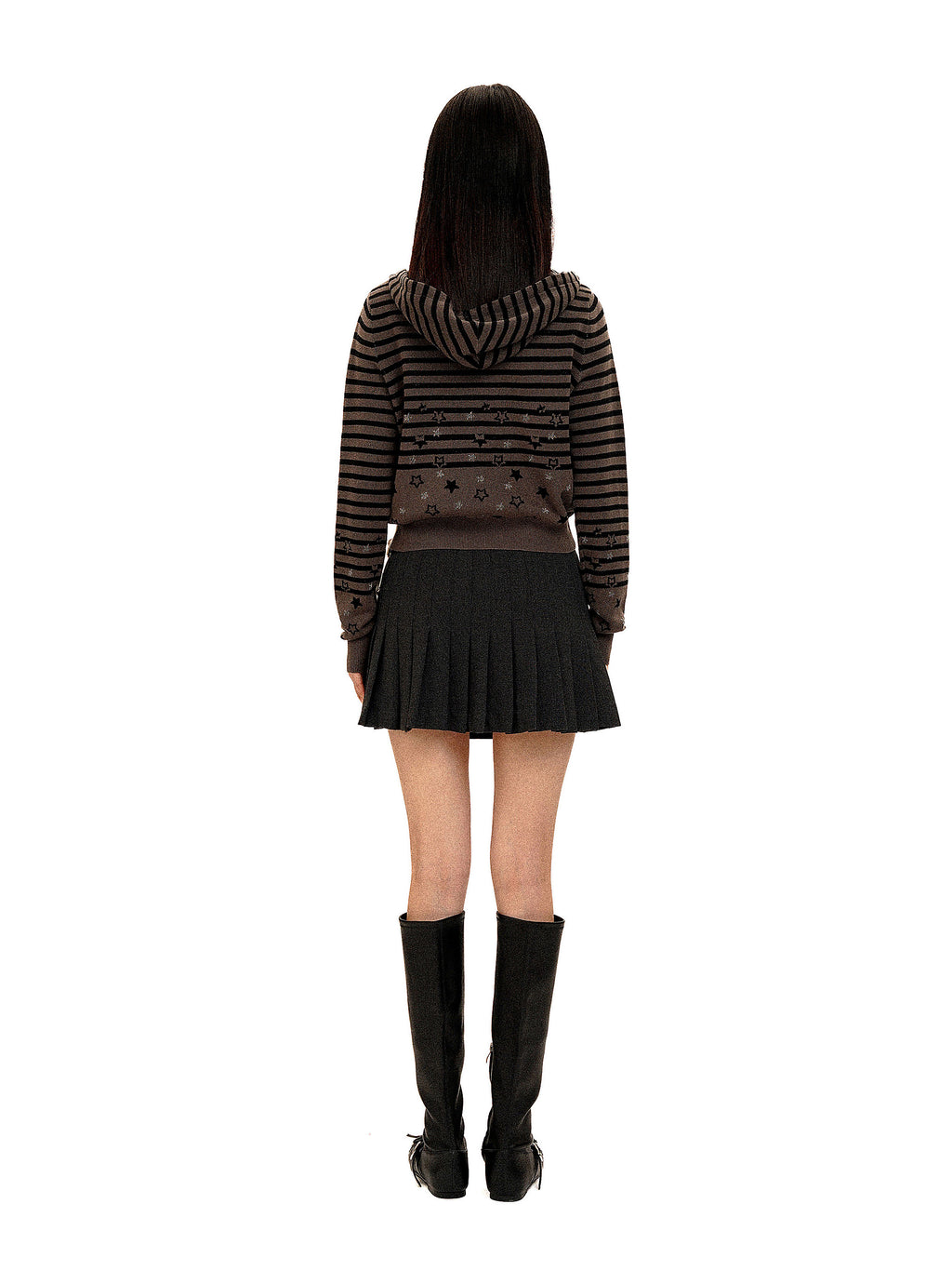 *Striped star jacquard rhinestone hooded cardigan