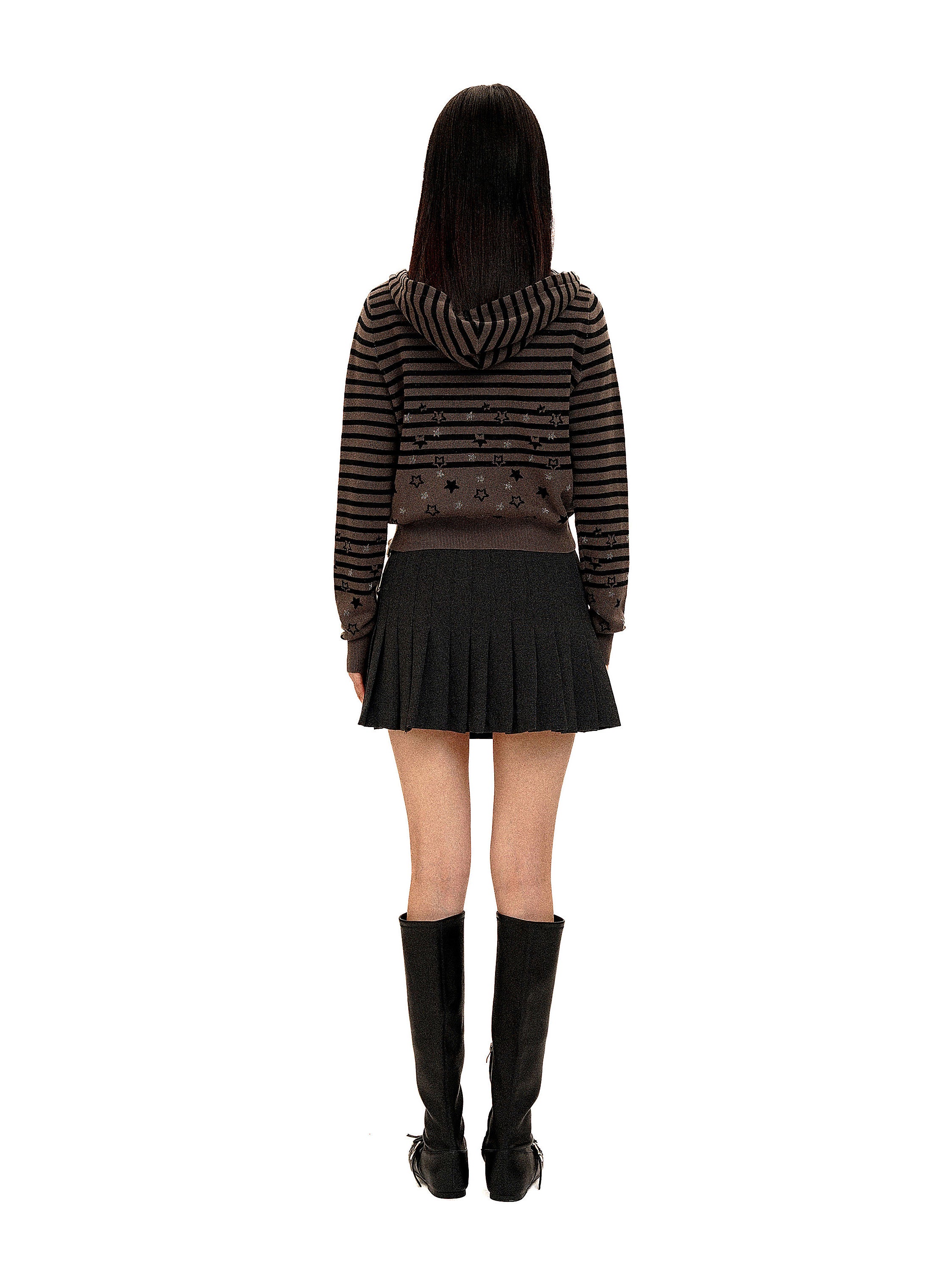 *Striped star jacquard rhinestone hooded cardigan