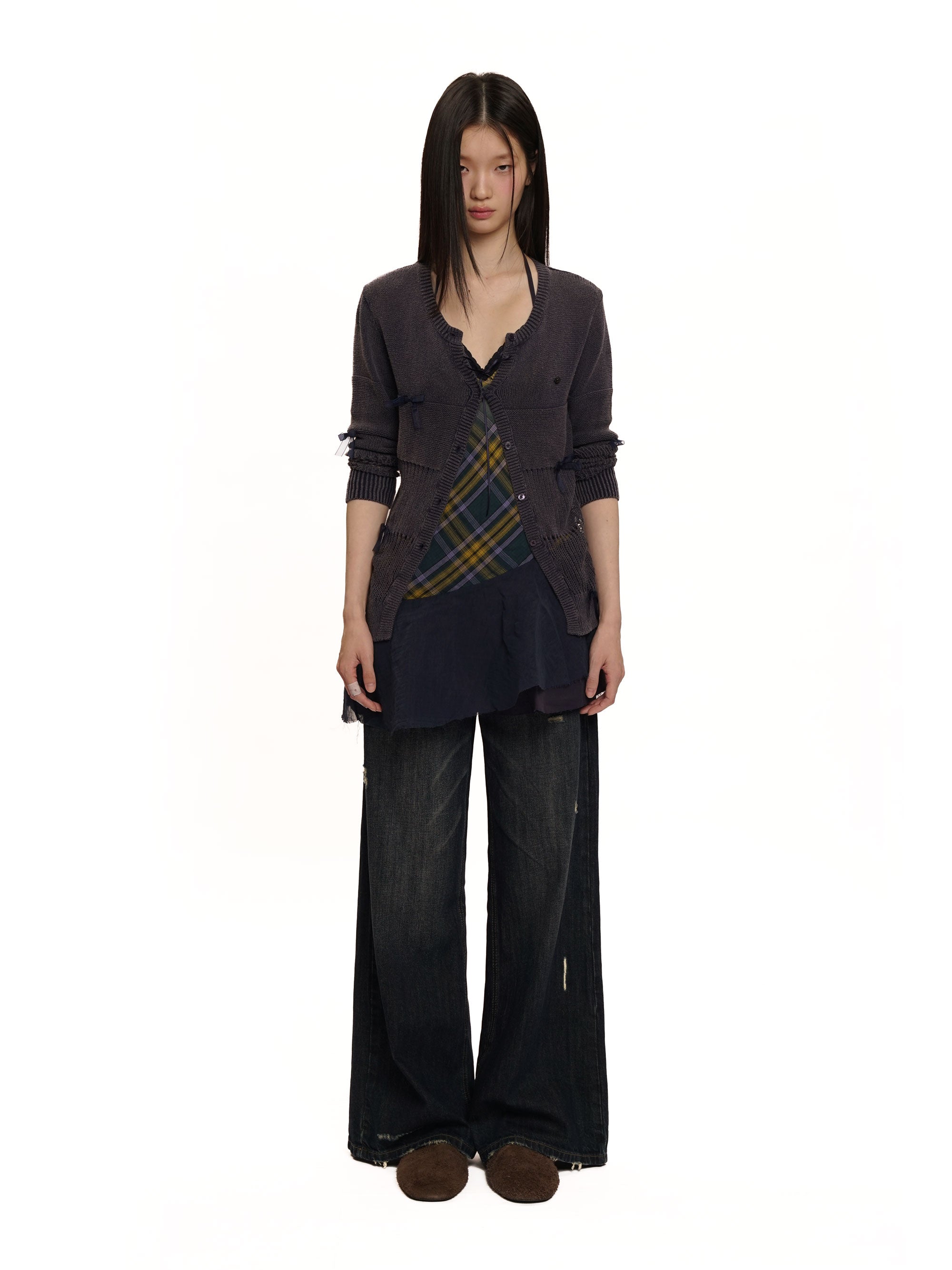 *Water-washed openwork mesh cardigan