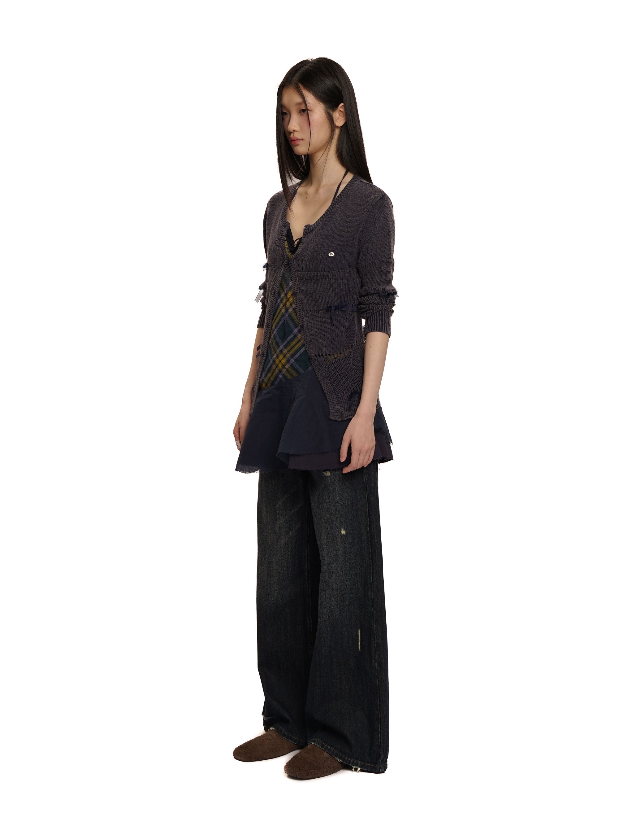 *Water-washed openwork mesh cardigan