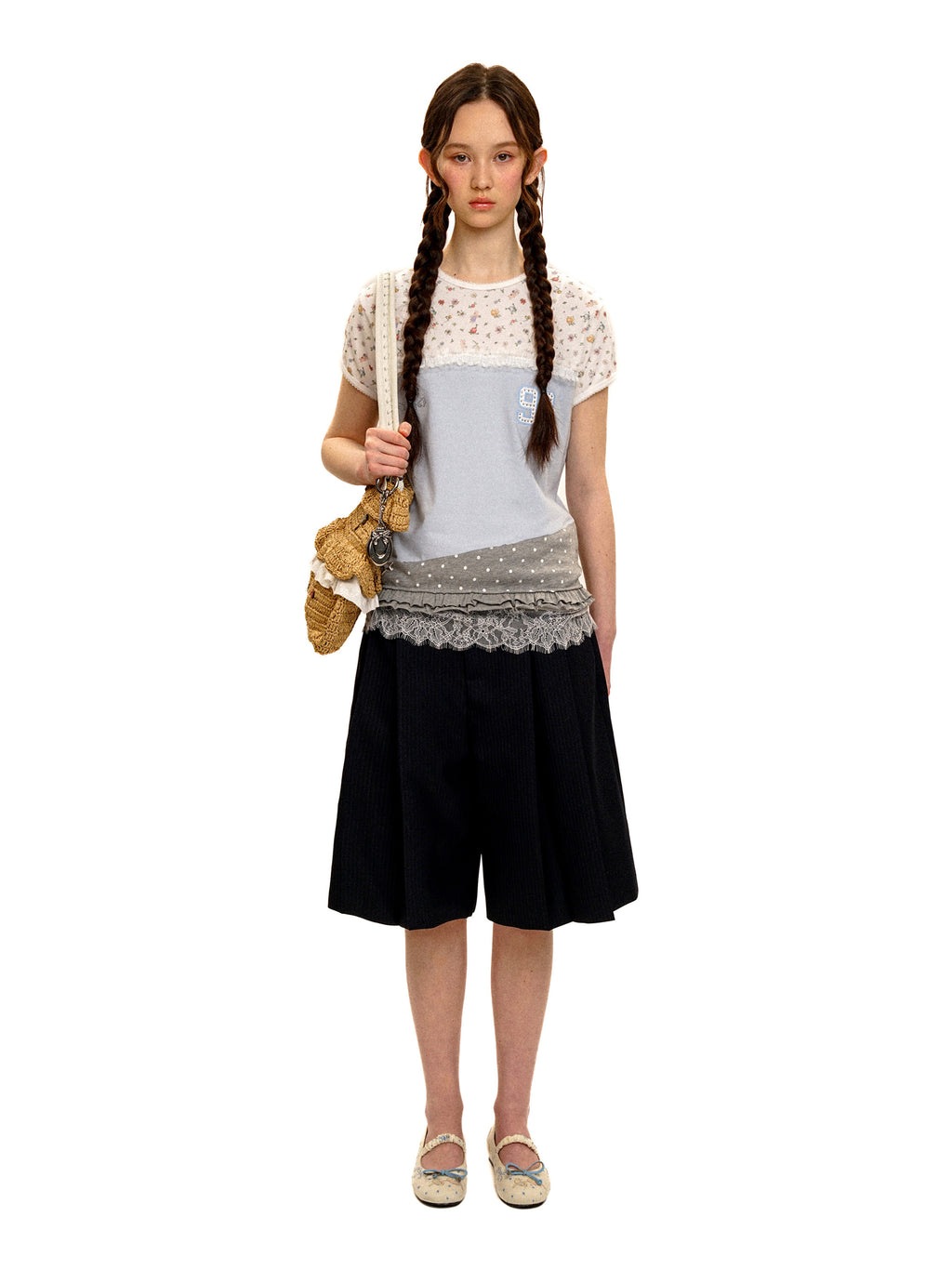 *Floral polka dot patchwork lace short T-shirt