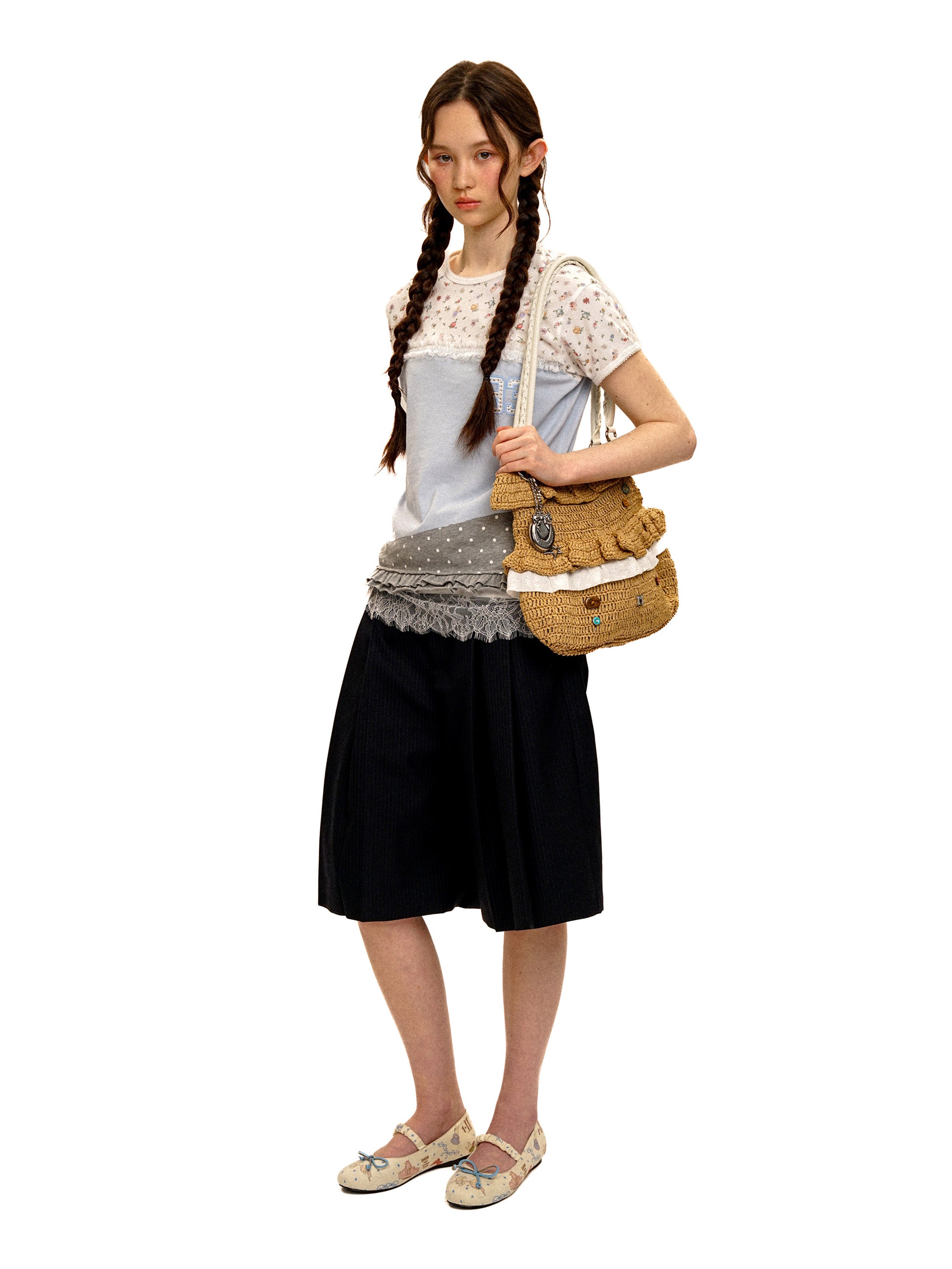*Floral polka dot patchwork lace short T-shirt