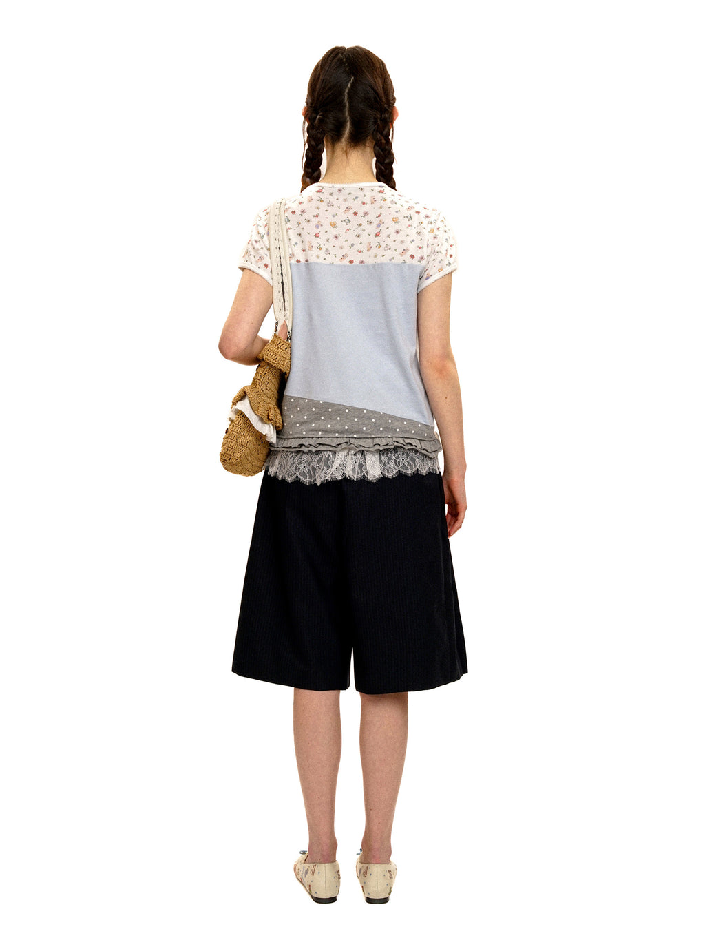 *Floral polka dot patchwork lace short T-shirt
