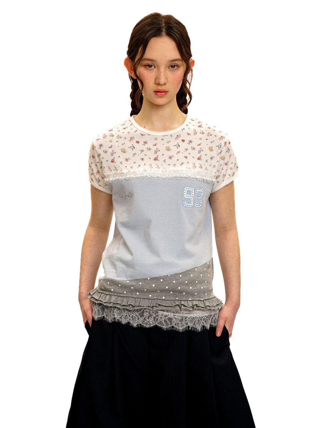 *Floral polka dot patchwork lace short T-shirt
