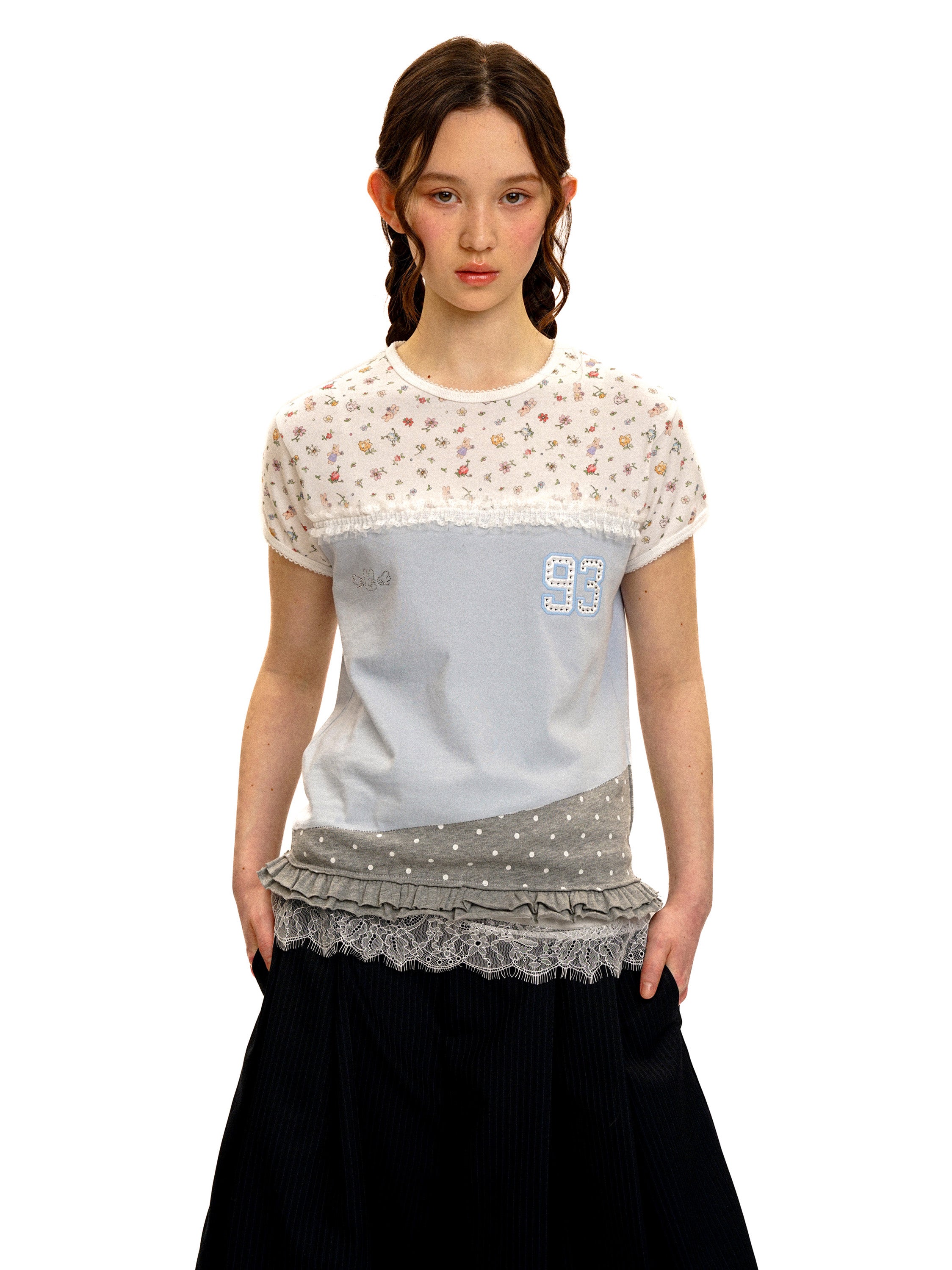 *Floral polka dot patchwork lace short T-shirt