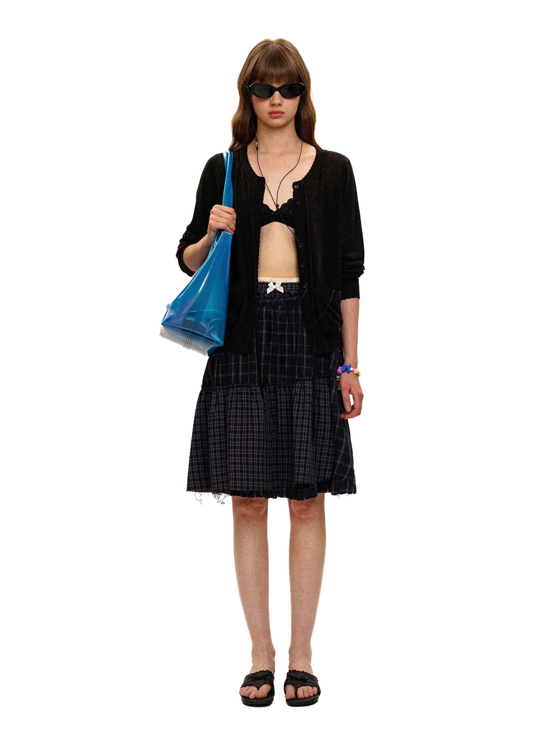 *Satin plaid patchwork midi skirt