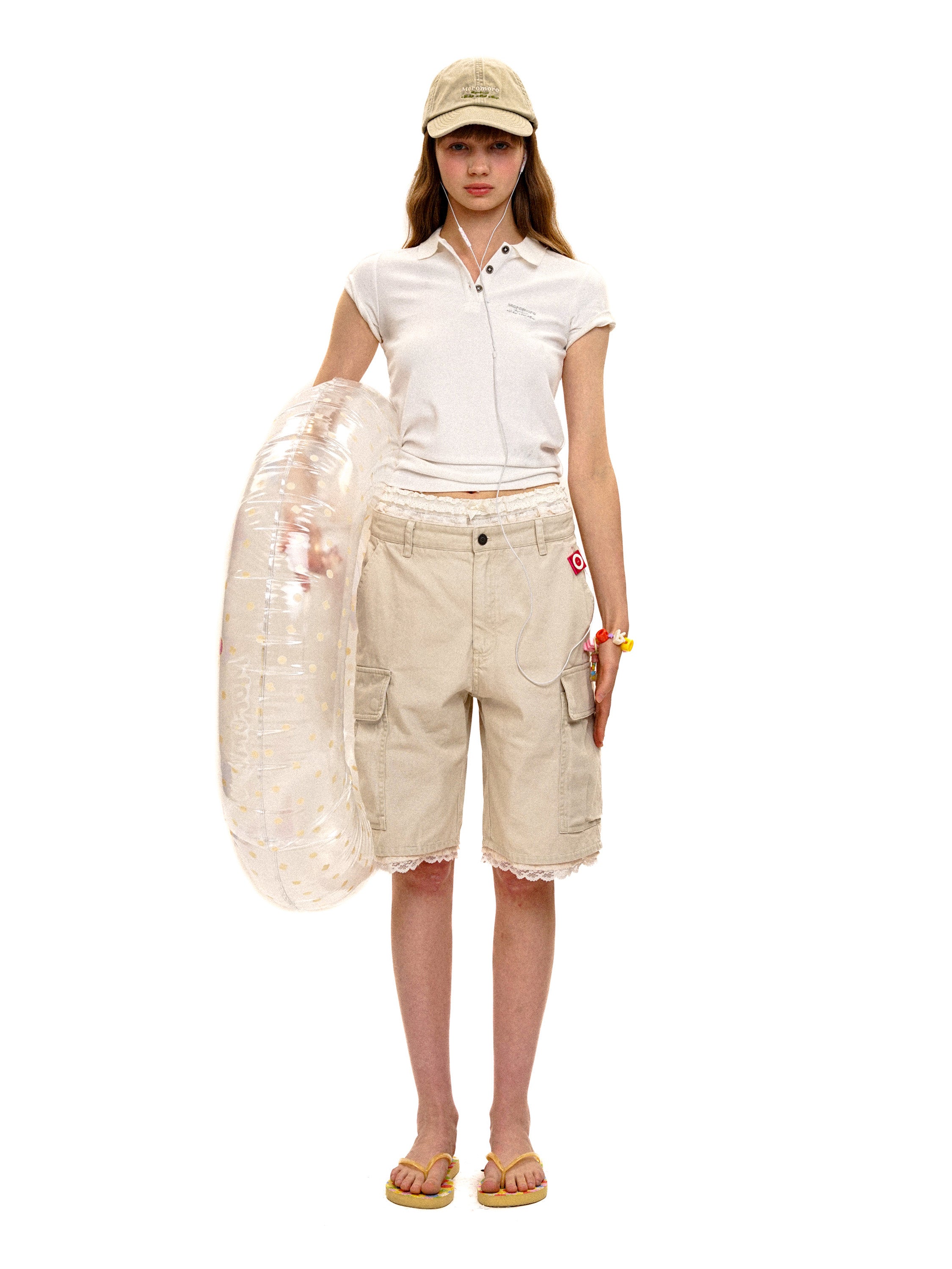 *Lace waistband faux two-piece cargo shorts