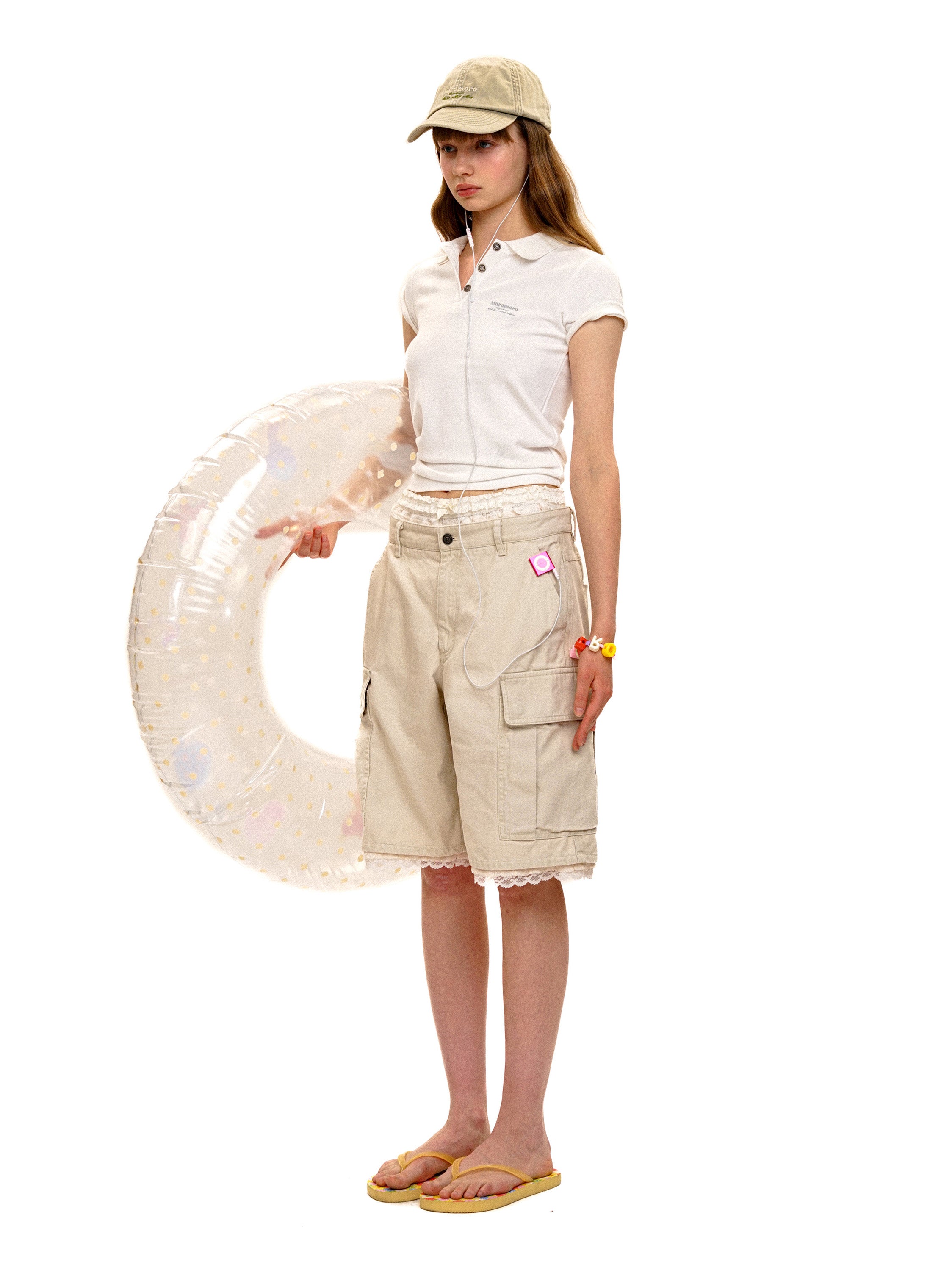 *Lace waistband faux two-piece cargo shorts