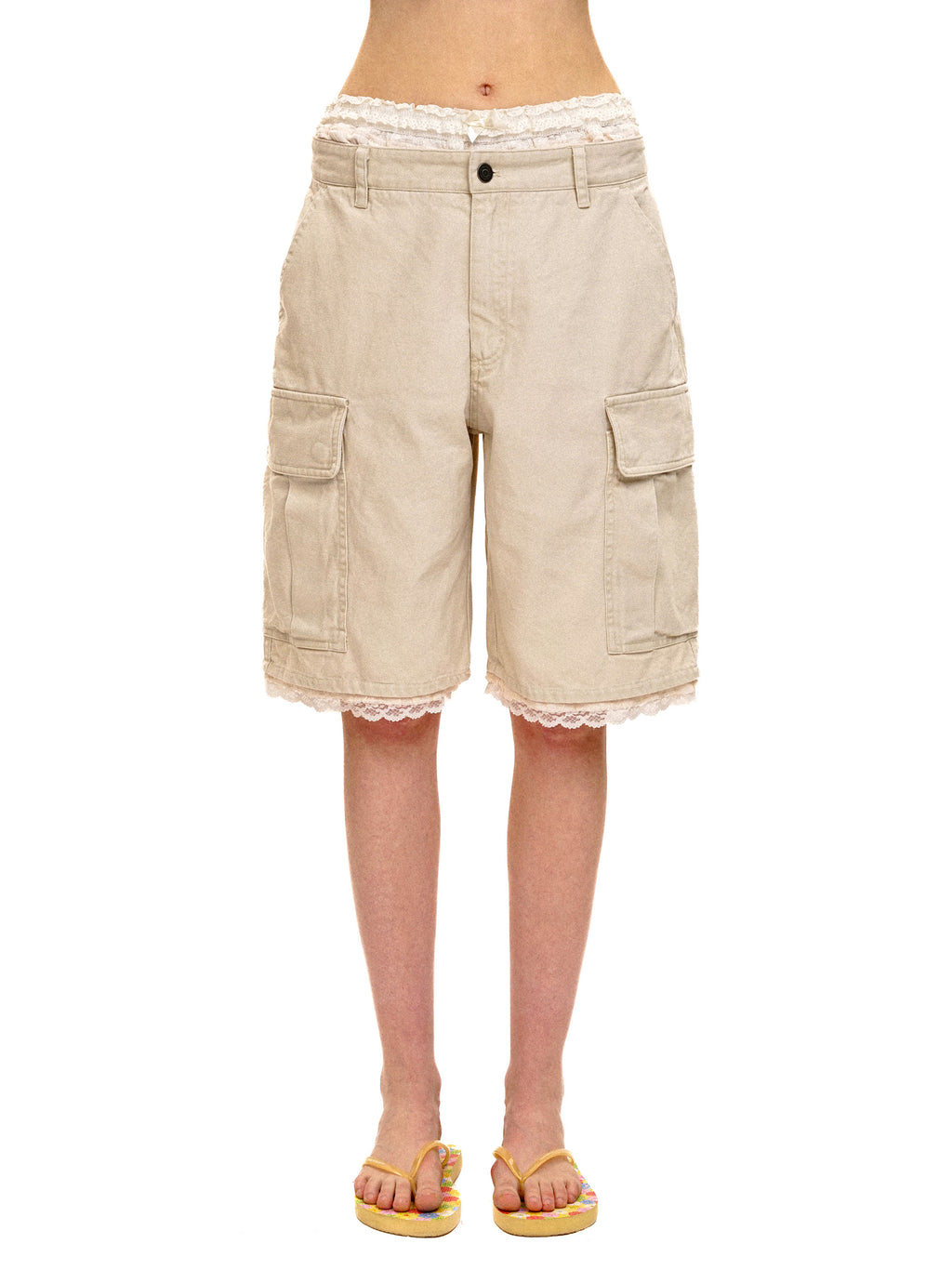 *Lace waistband faux two-piece cargo shorts