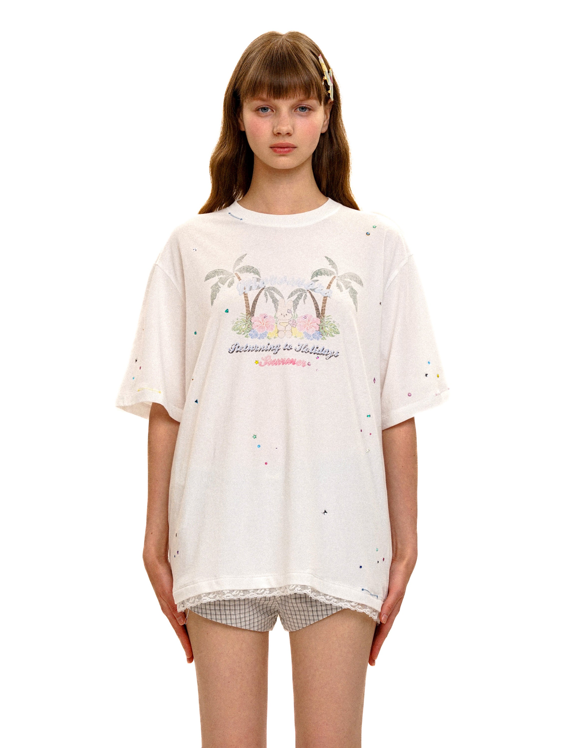 *Travel beach rabbit print rhinestone lace short T-shirt