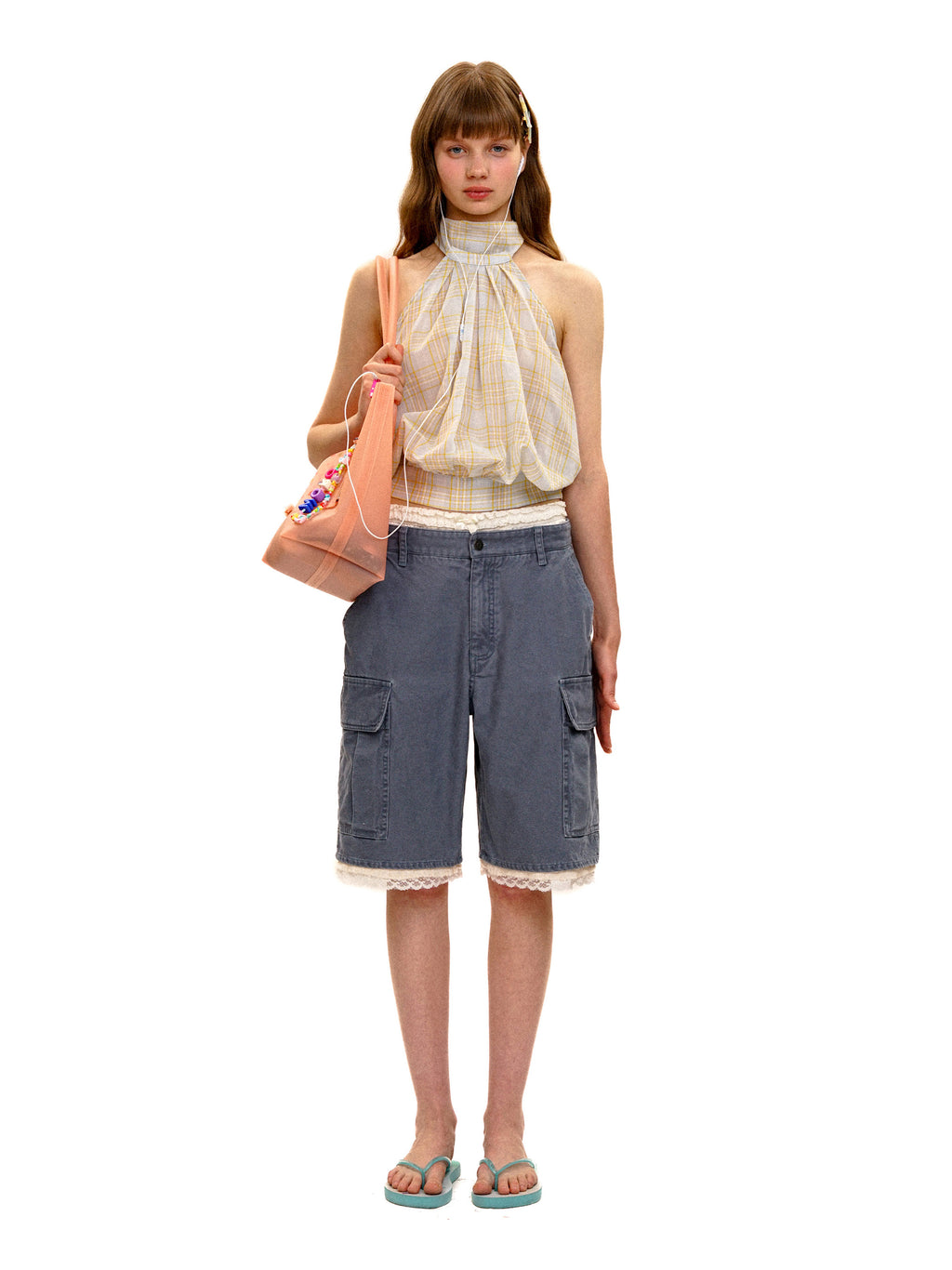 *Lace waistband faux two-piece cargo shorts