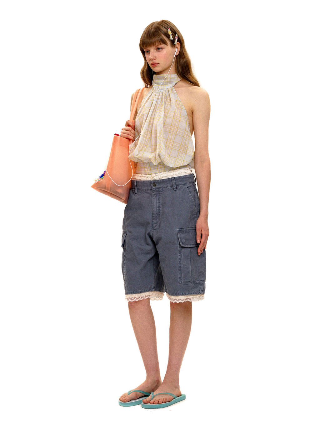 *Lace waistband faux two-piece cargo shorts