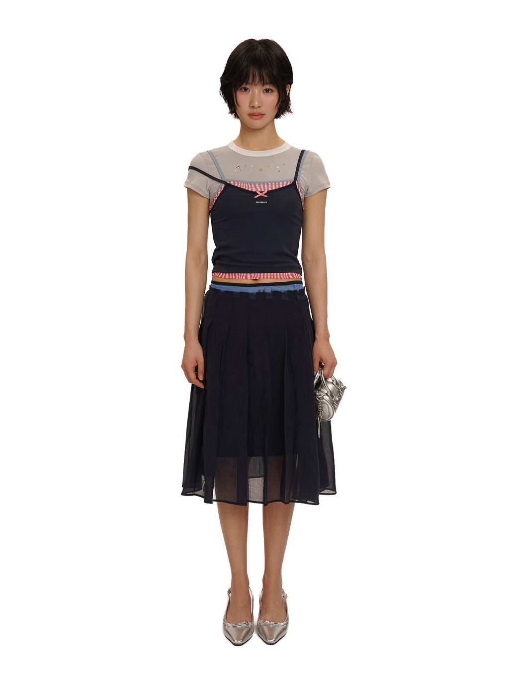 *Faux three-piece bow rhinestone short T-shirt
