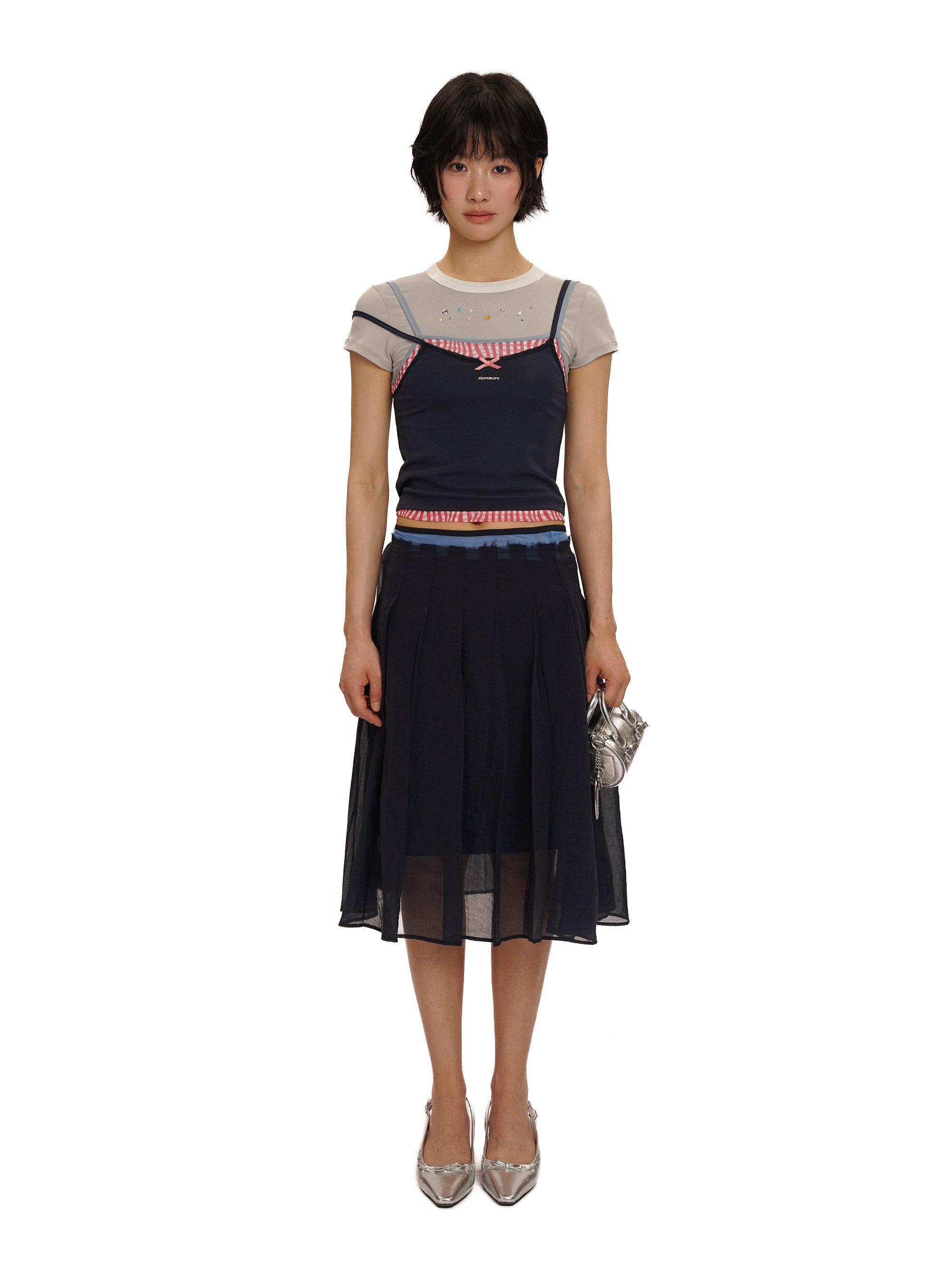 *Faux three-piece bow rhinestone short T-shirt