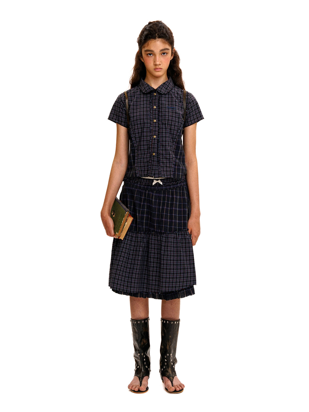 *Patchwork plaid Peter Pan collar short-sleeved shirt