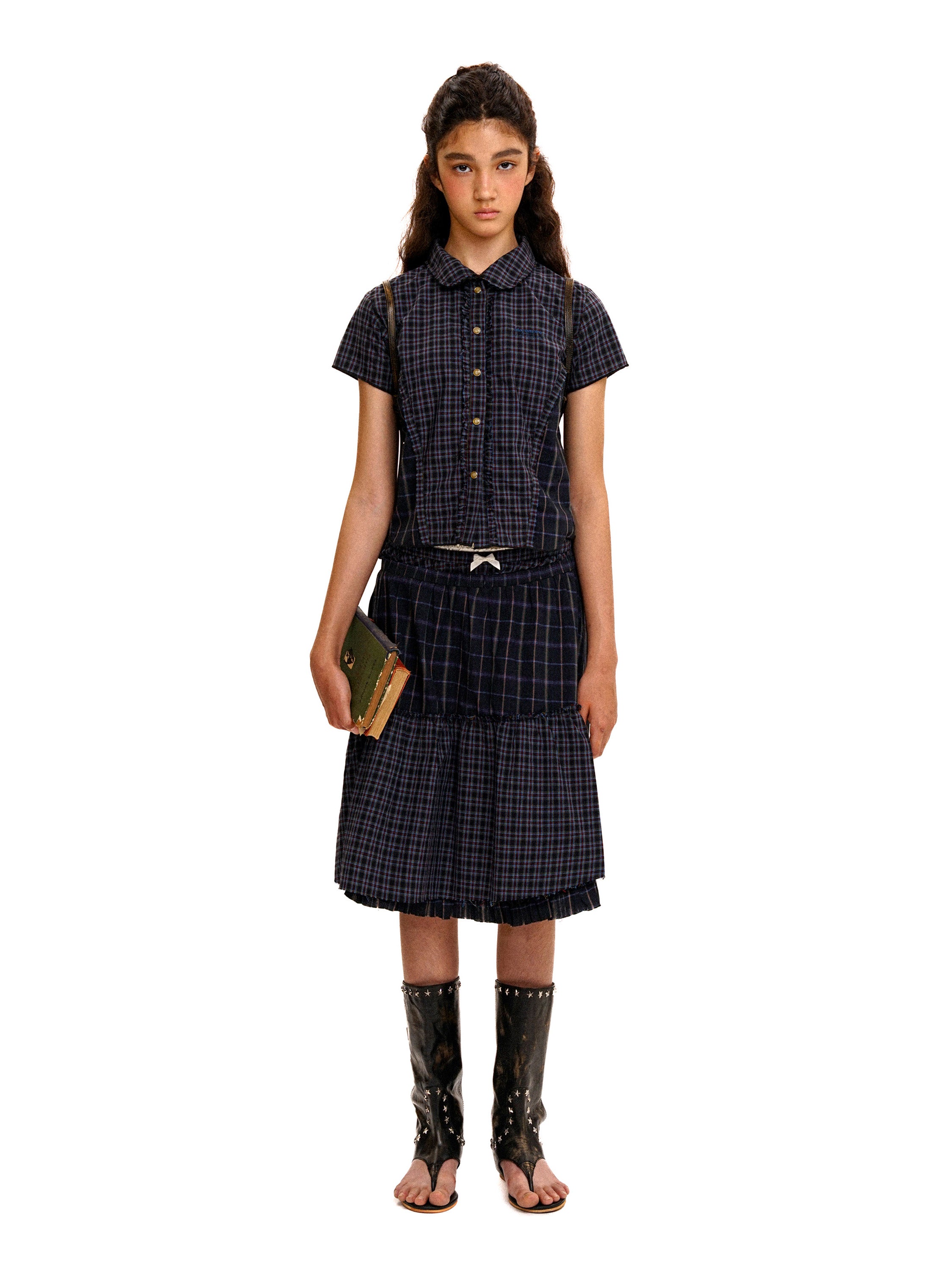 *Patchwork plaid Peter Pan collar short-sleeved shirt