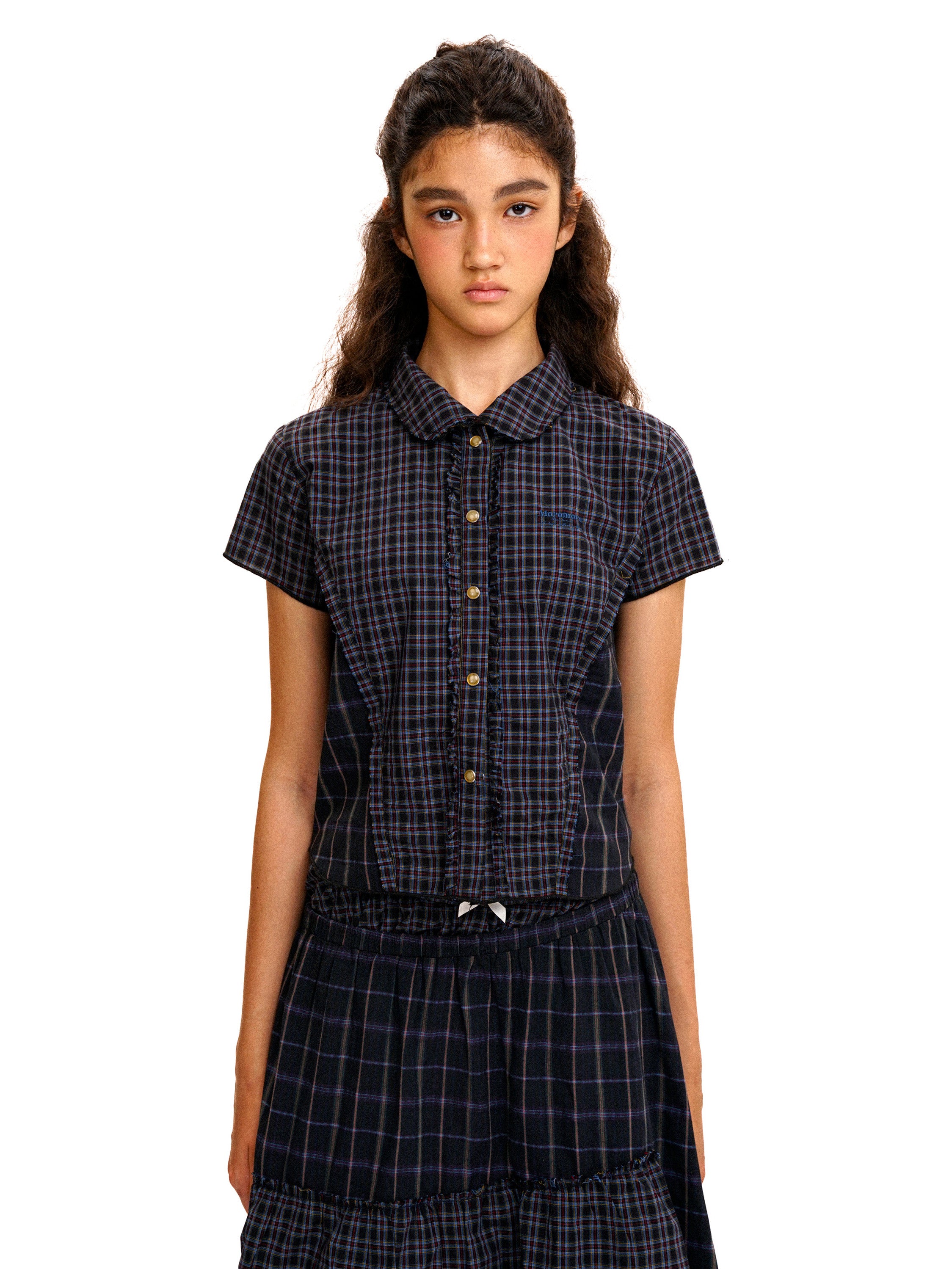 *Patchwork plaid Peter Pan collar short-sleeved shirt
