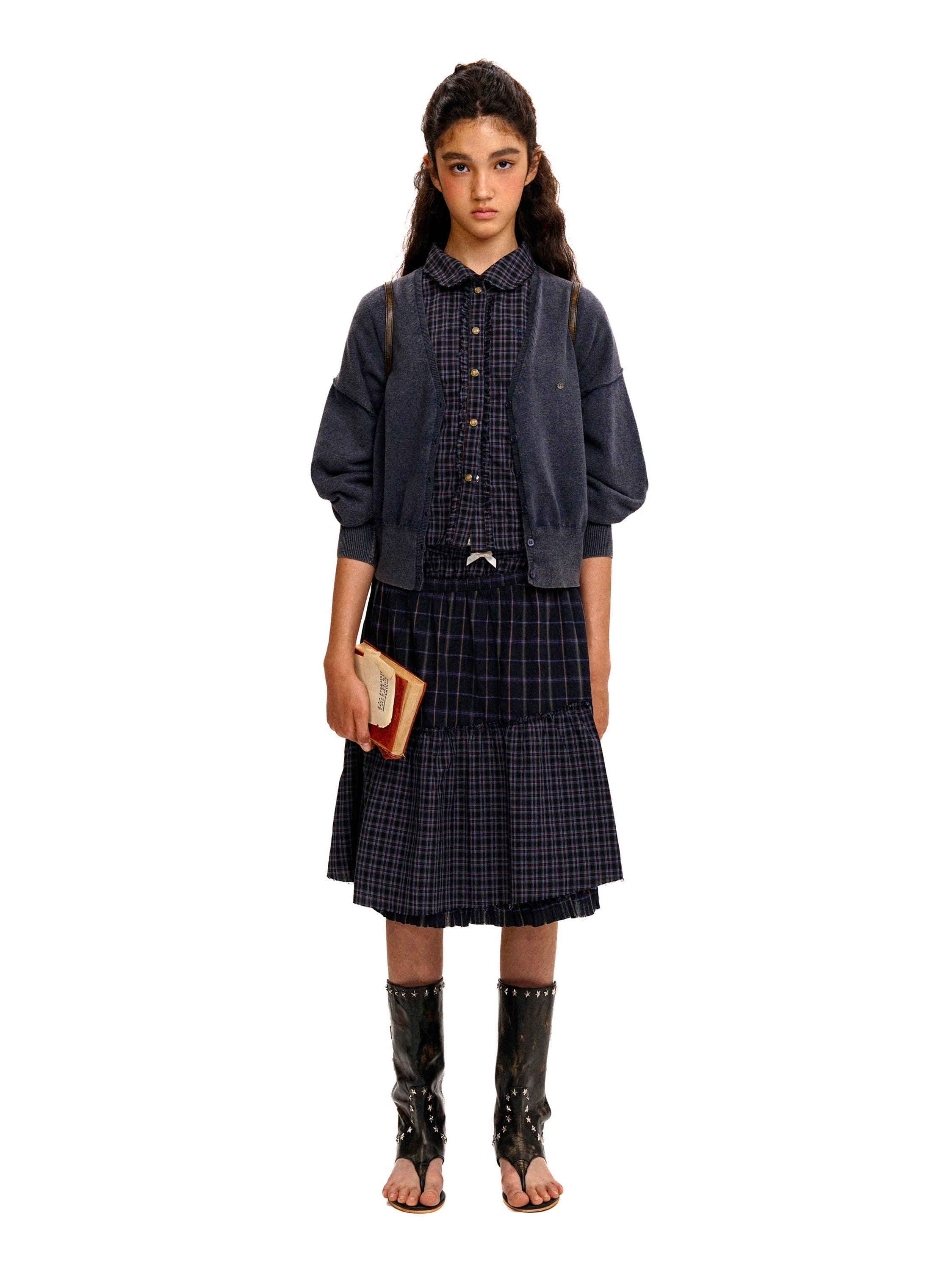*Patchwork plaid Peter Pan collar short-sleeved shirt