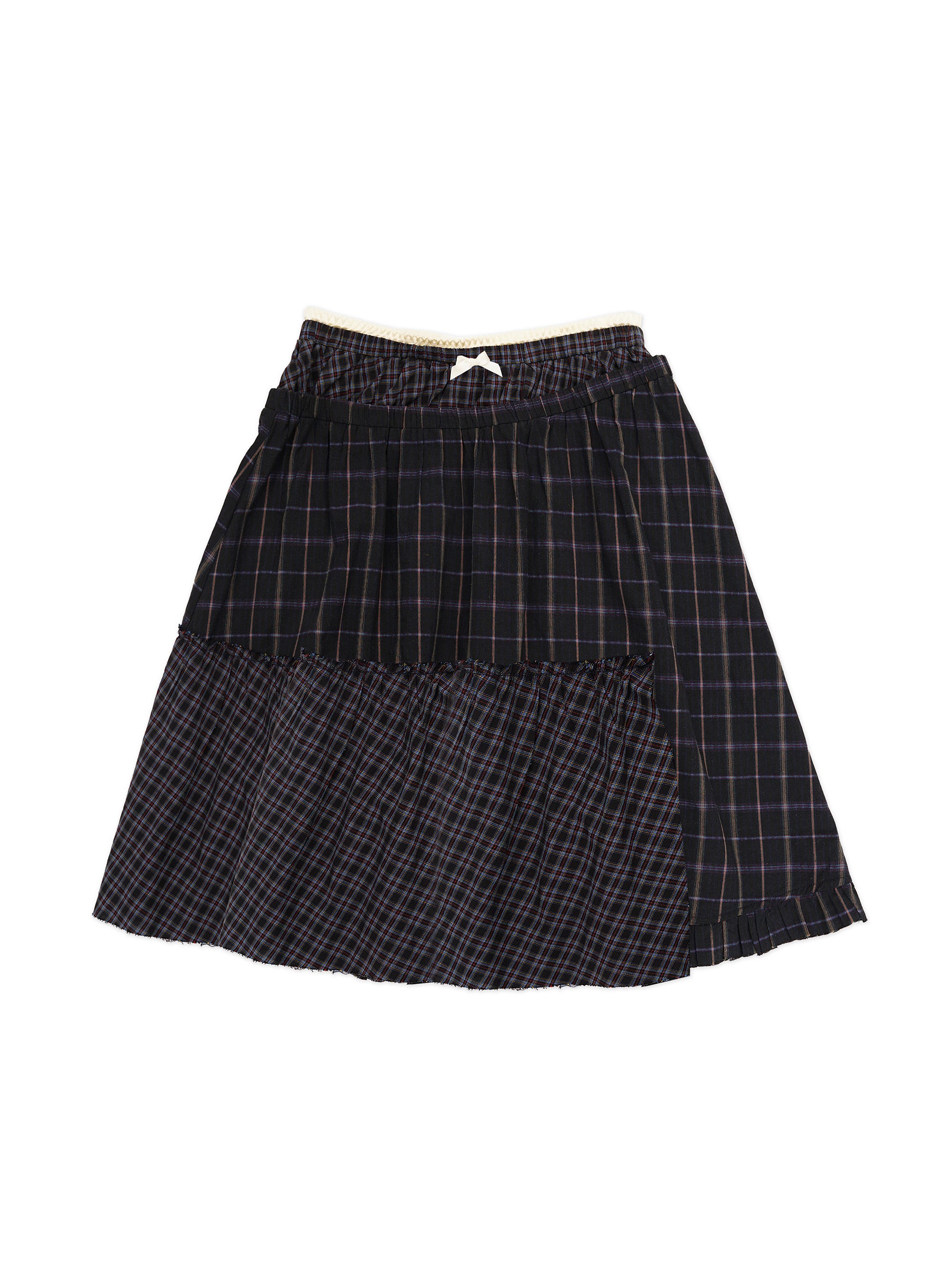 *Satin plaid patchwork midi skirt