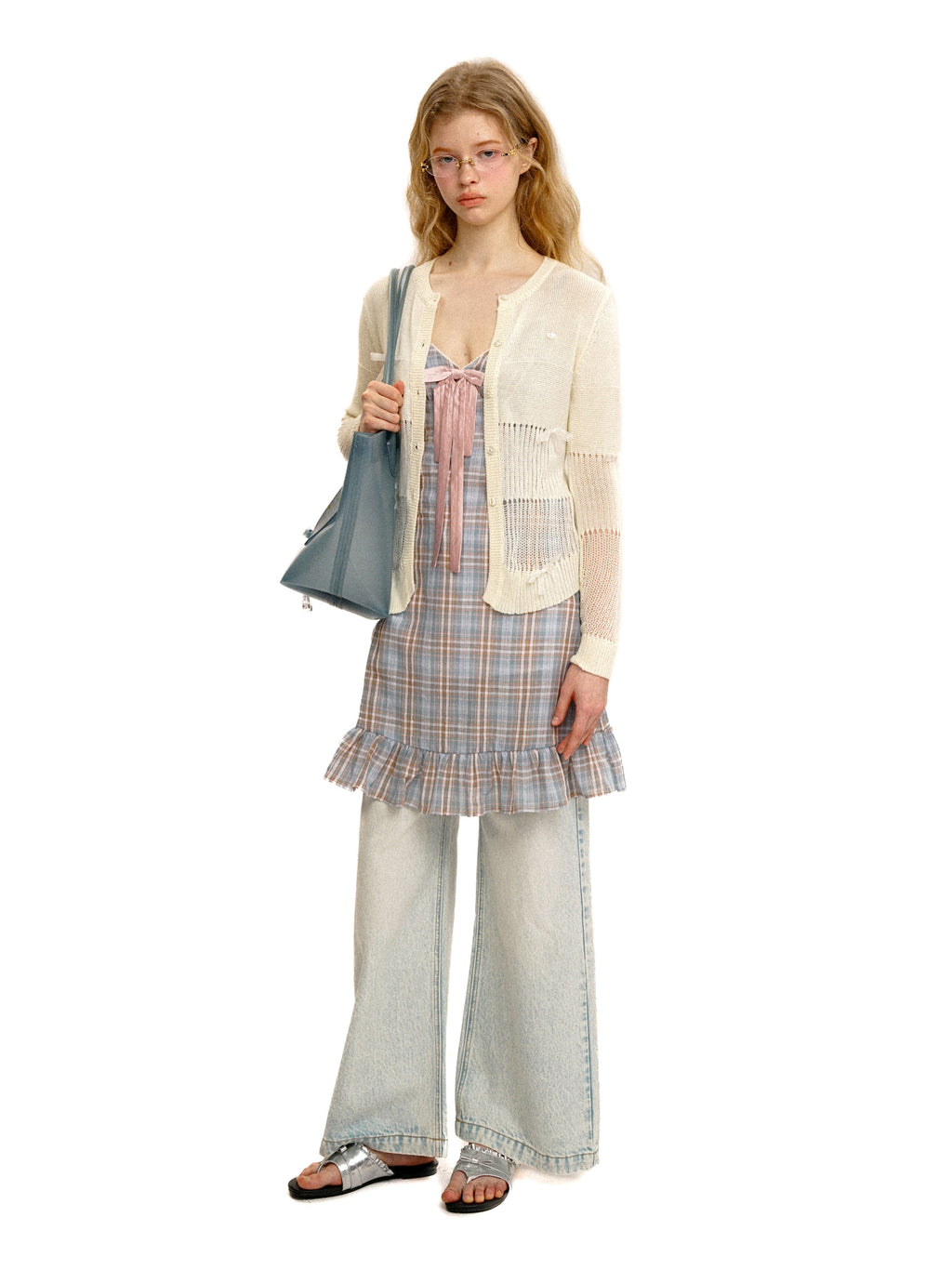 *Water mill hollow mesh bow cardigan