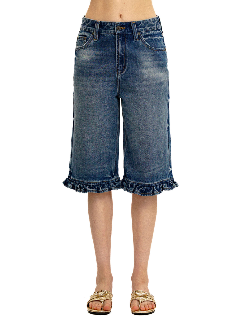 *Floral print leather patch denim shorts