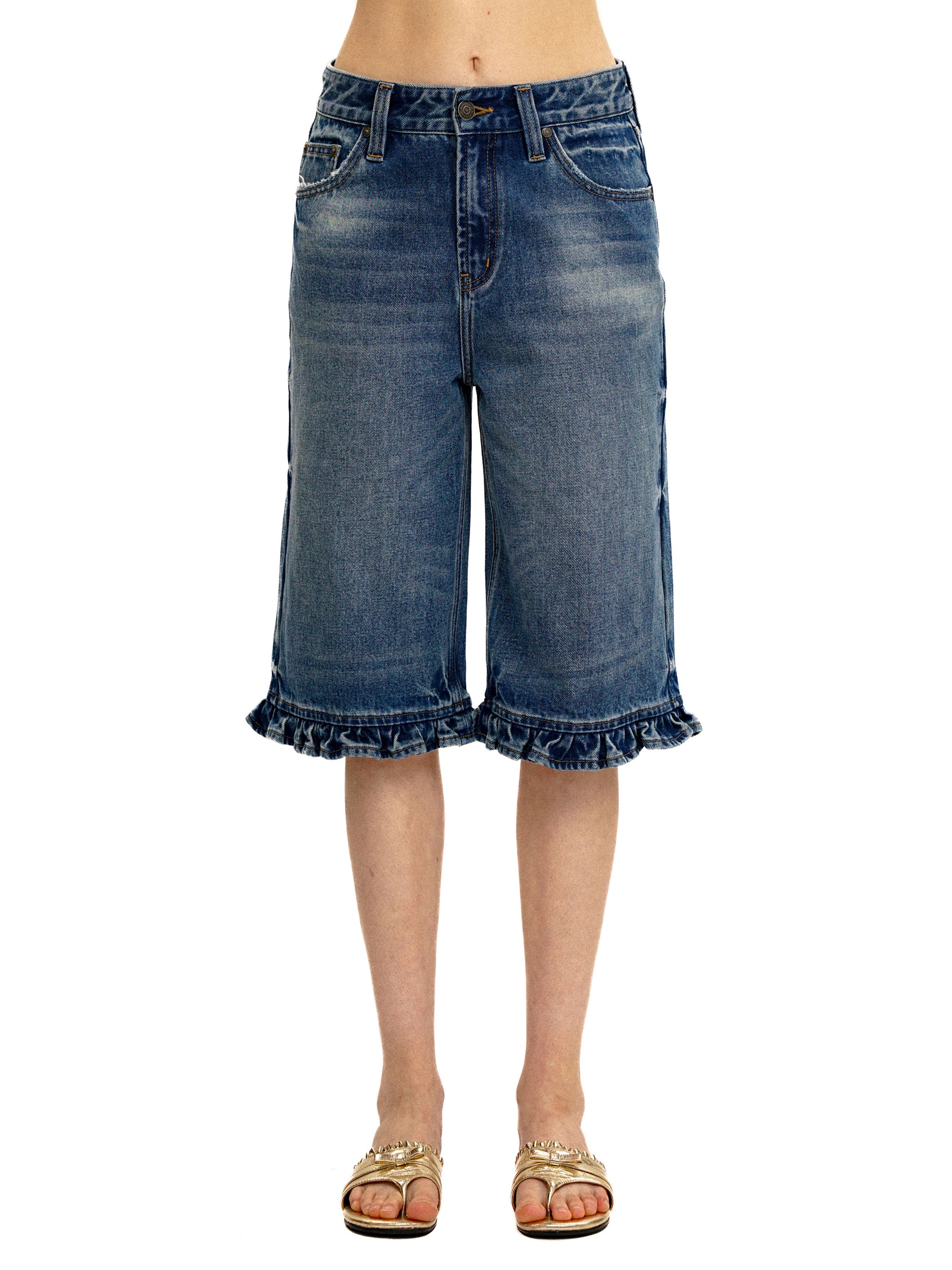 *Floral print leather patch denim shorts