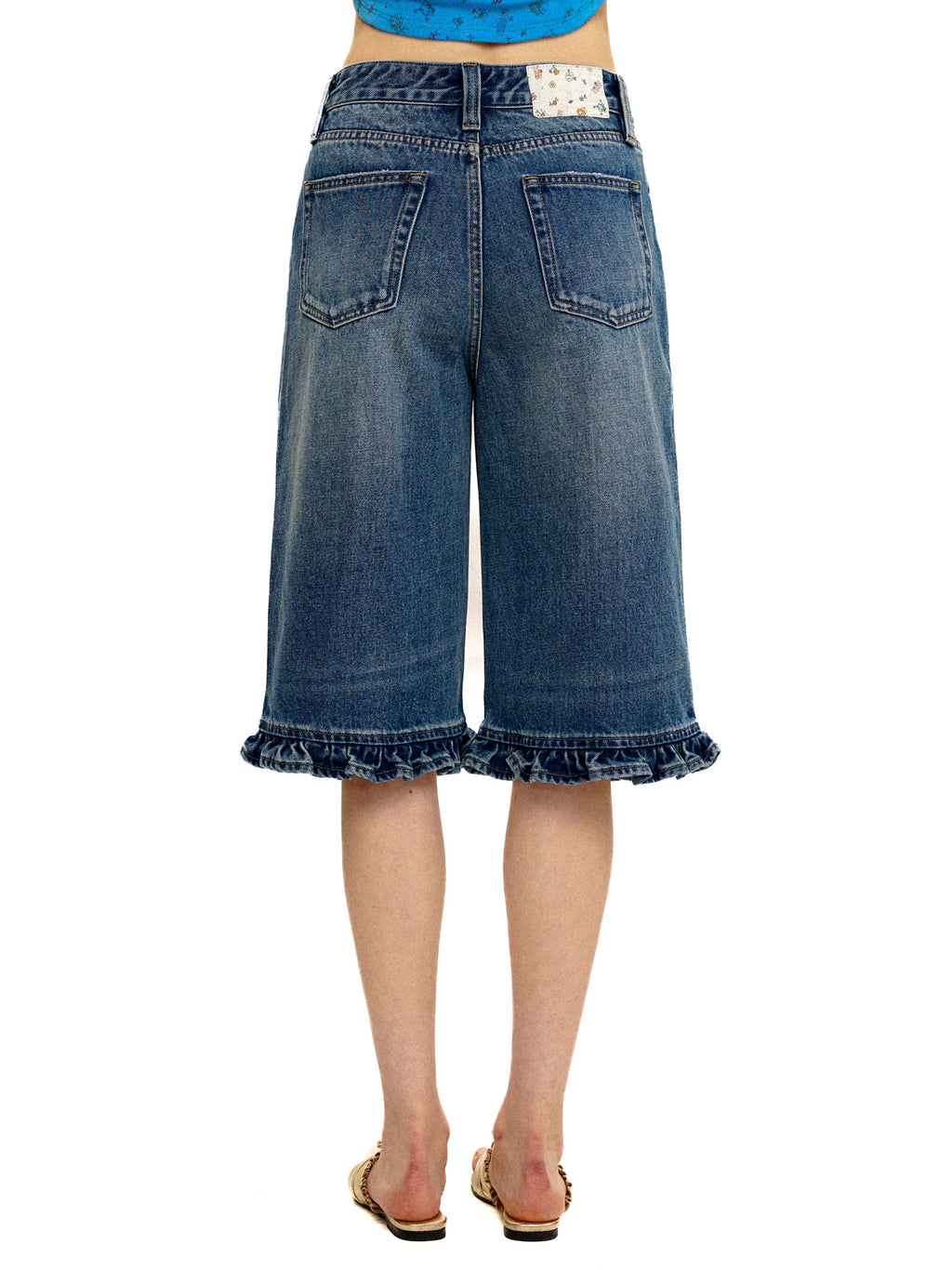 *Floral print leather patch denim shorts