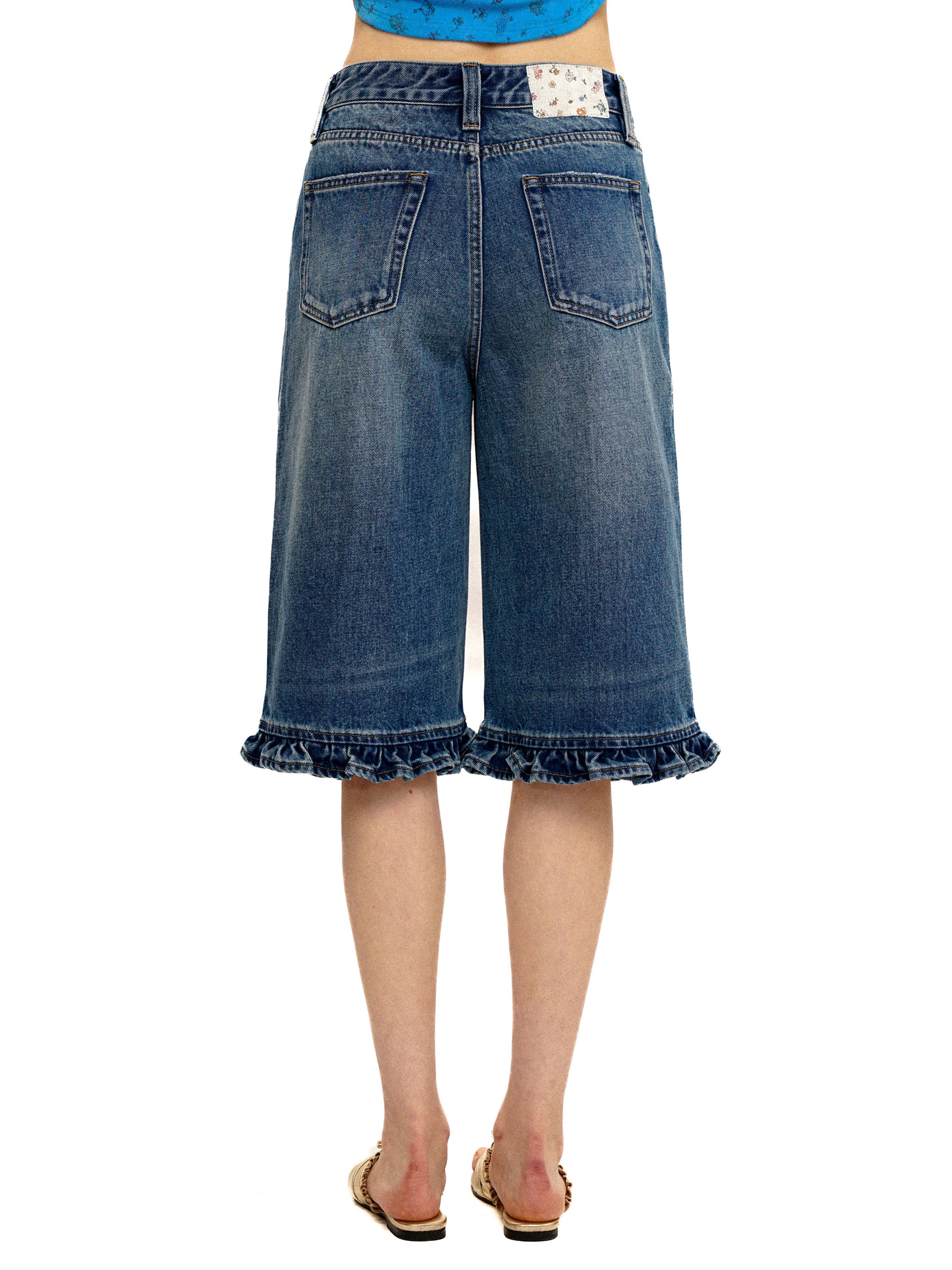 *Floral print leather patch denim shorts