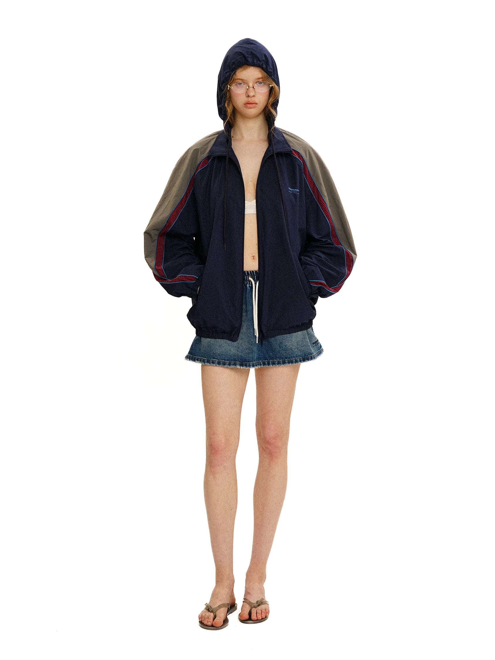*Retro plaid color-blocked hooded sports jacket