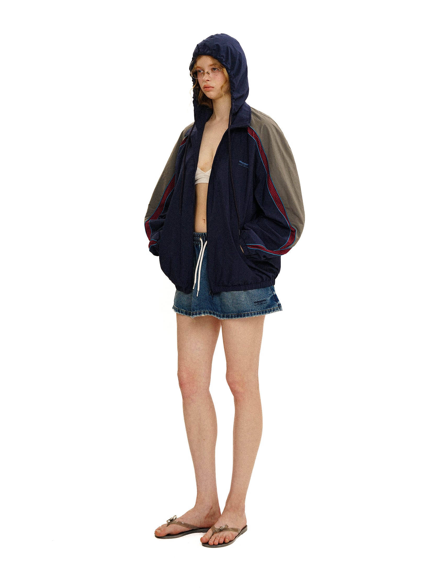 *Retro plaid color-blocked hooded sports jacket
