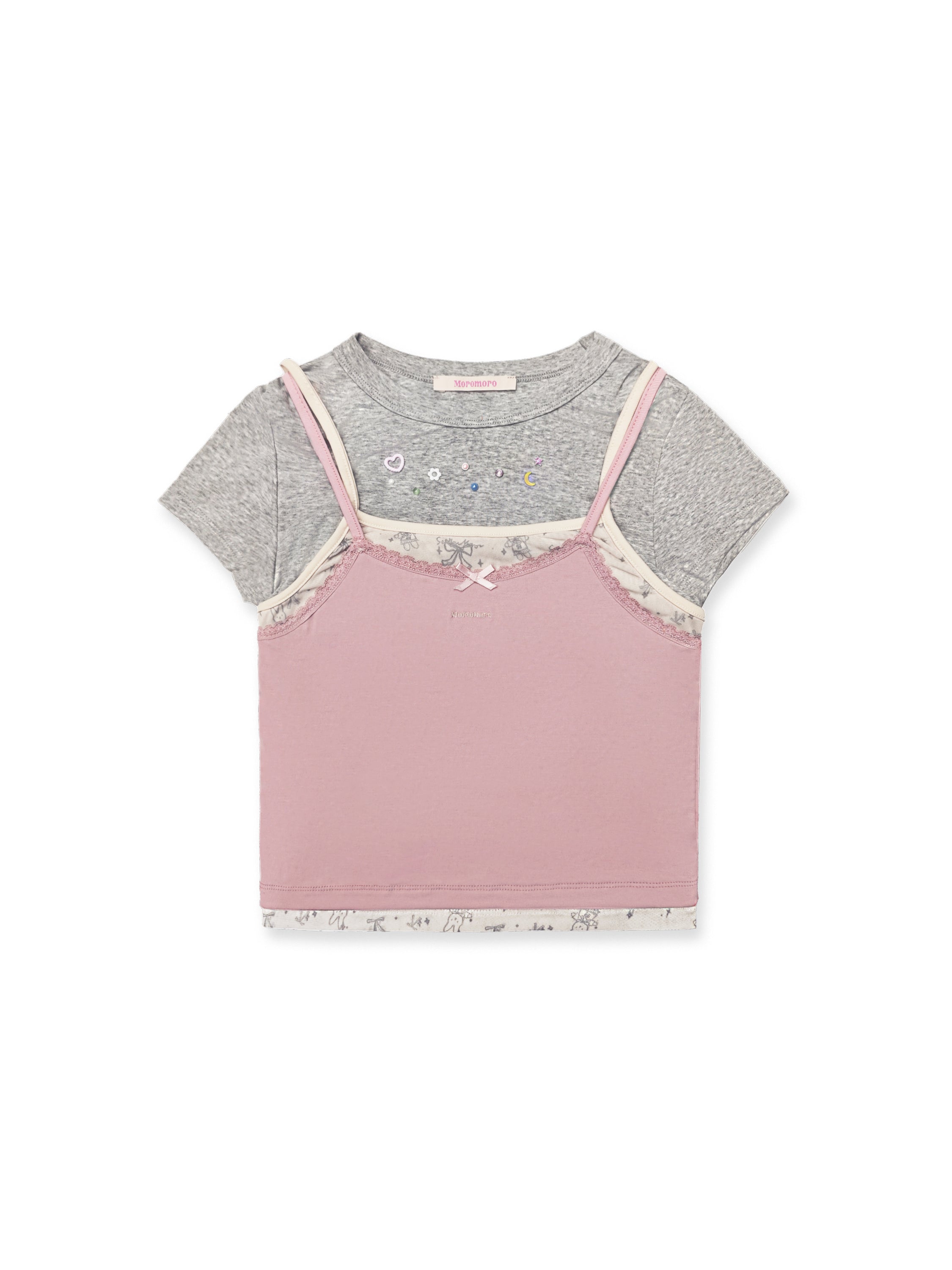*Faux three-piece bow rhinestone short T-shirt