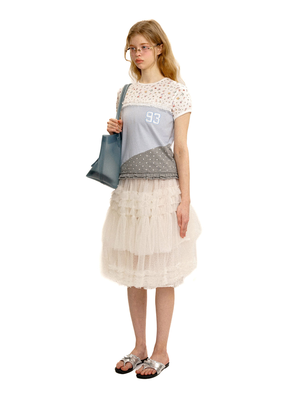 *Floral polka dot patchwork lace short T-shirt