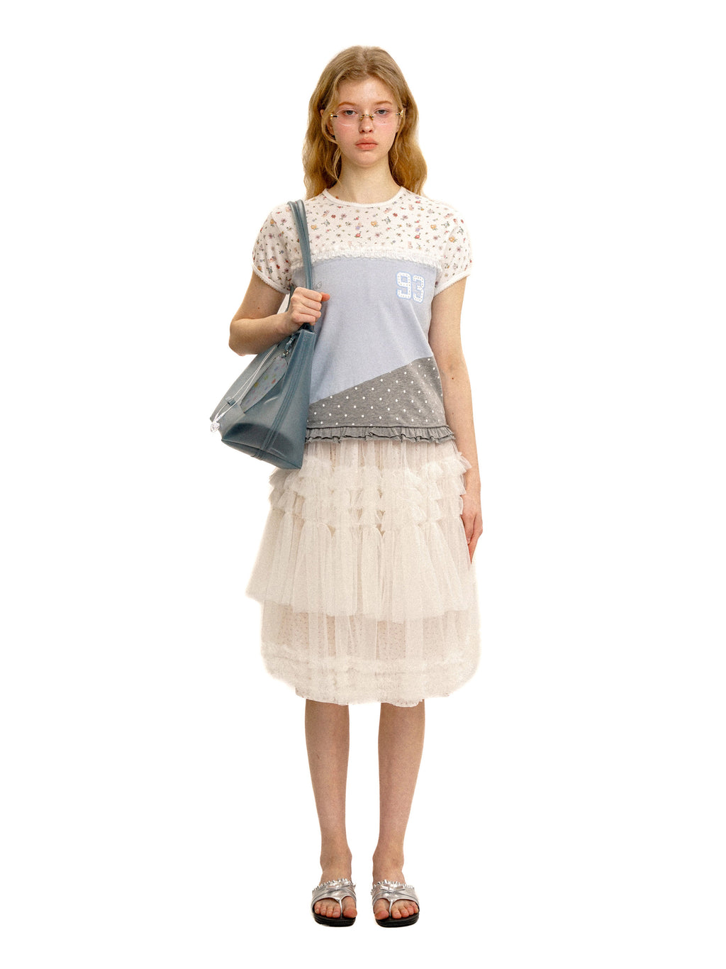 *Floral polka dot patchwork lace short T-shirt